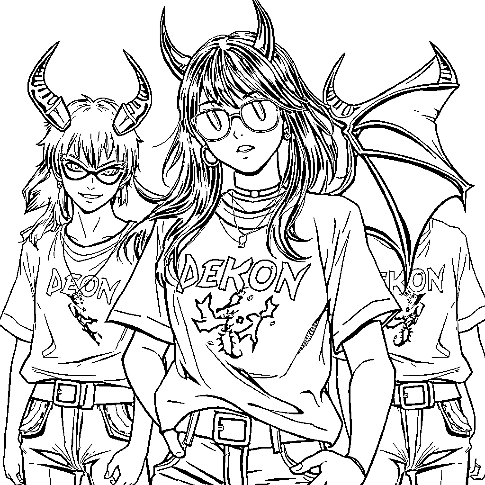 Mira's Demonbound Adventure with Friends Coloring Page (free black-and-white line drawing printable PDF for all, from beginners to advanced learners, including children, teens, adults, and seniors)