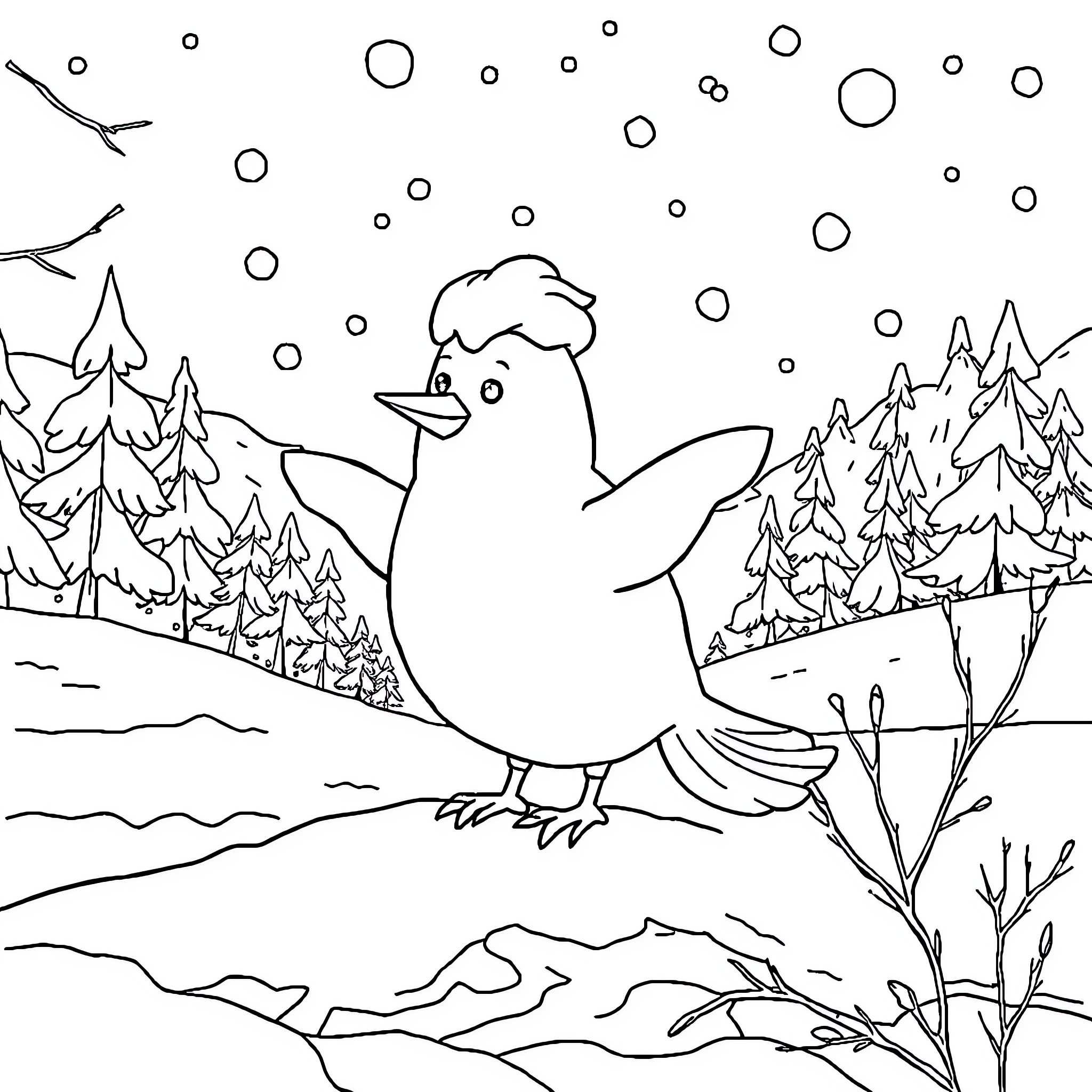 Frosted Winter Wonderland with Playful Penguin Coloring Page (free black-and-white line drawing printable PDF for all, from beginners to advanced learners, including children, teens, adults, and seniors)