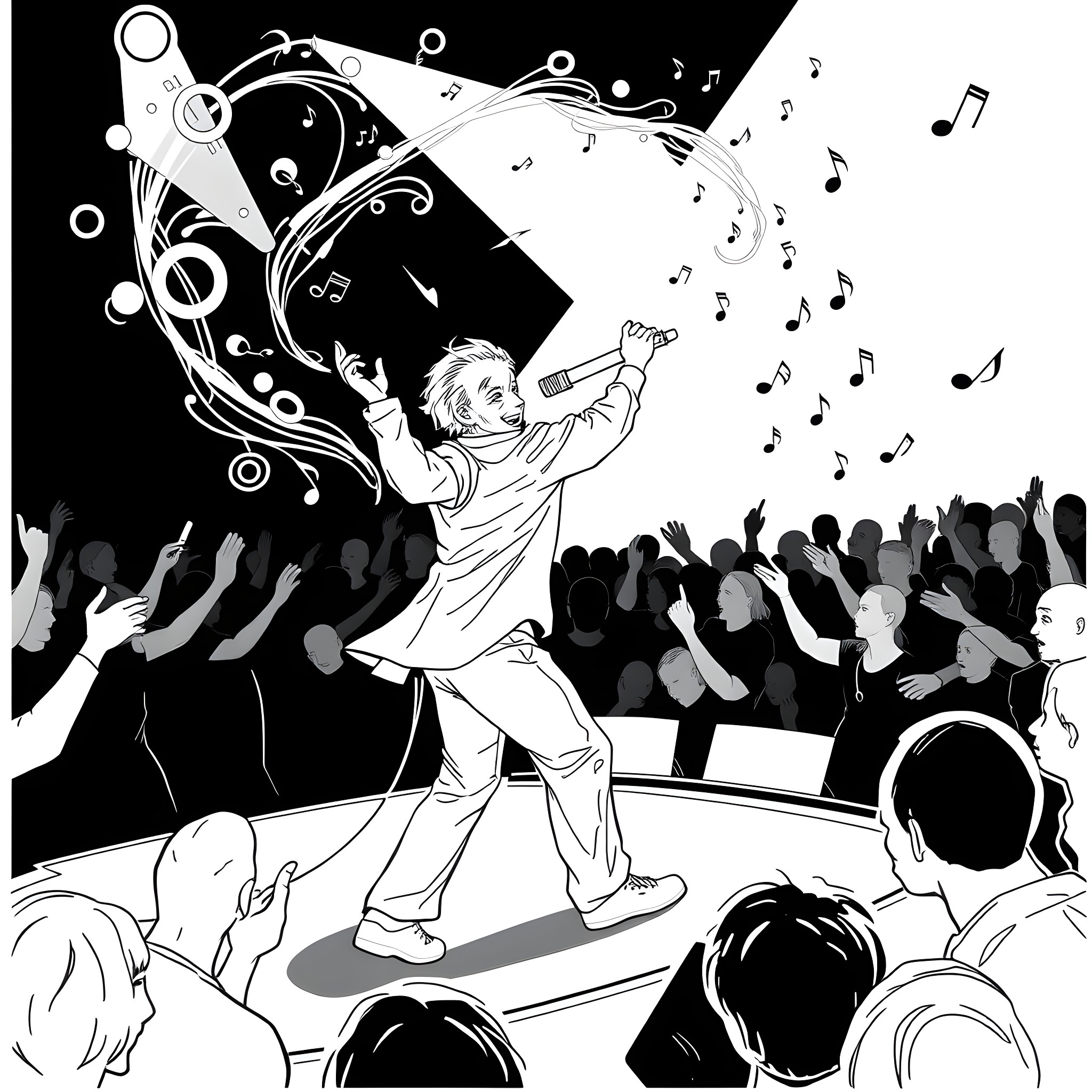 Ren's Energetic Musical Performance on Stage Coloring Page (free black-and-white line drawing printable PDF for all, from beginners to advanced learners, including children, teens, adults, and seniors)