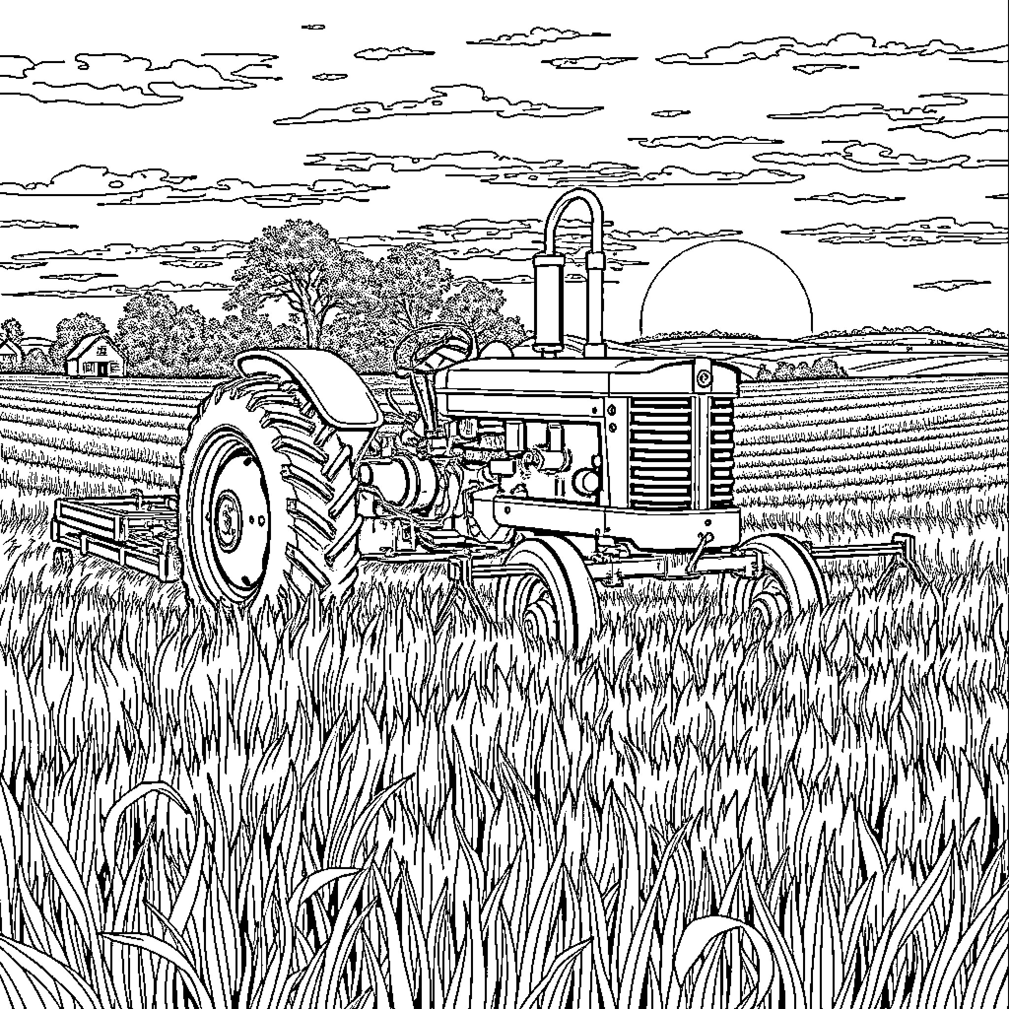 Tractor working in the wheat field Coloring Page (free black-and-white line drawing printable PDF for all, from beginners to advanced learners, including children, teens, adults, and seniors)