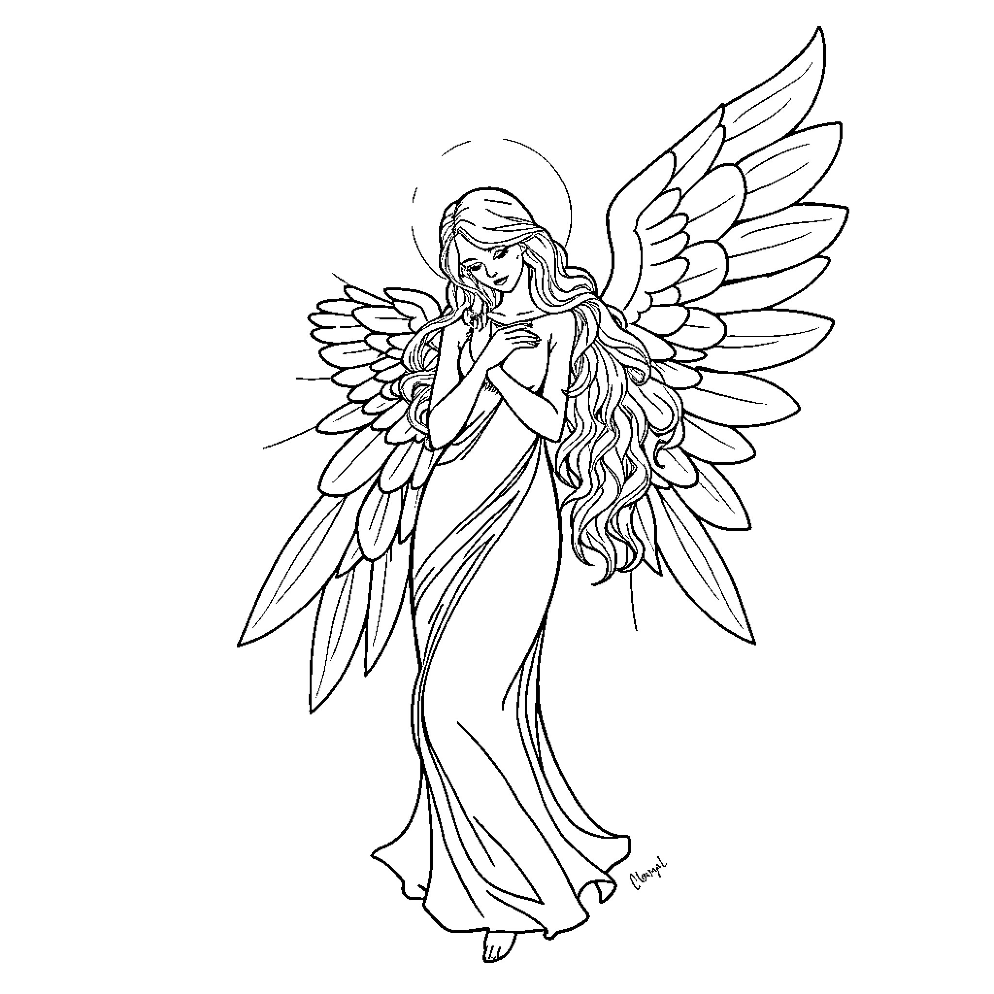 Angel in Pensive Pose with Flowing Gown and Wings Coloring Page (free black-and-white line drawing printable PDF for all, from beginners to advanced learners, including children, teens, adults, and seniors)
