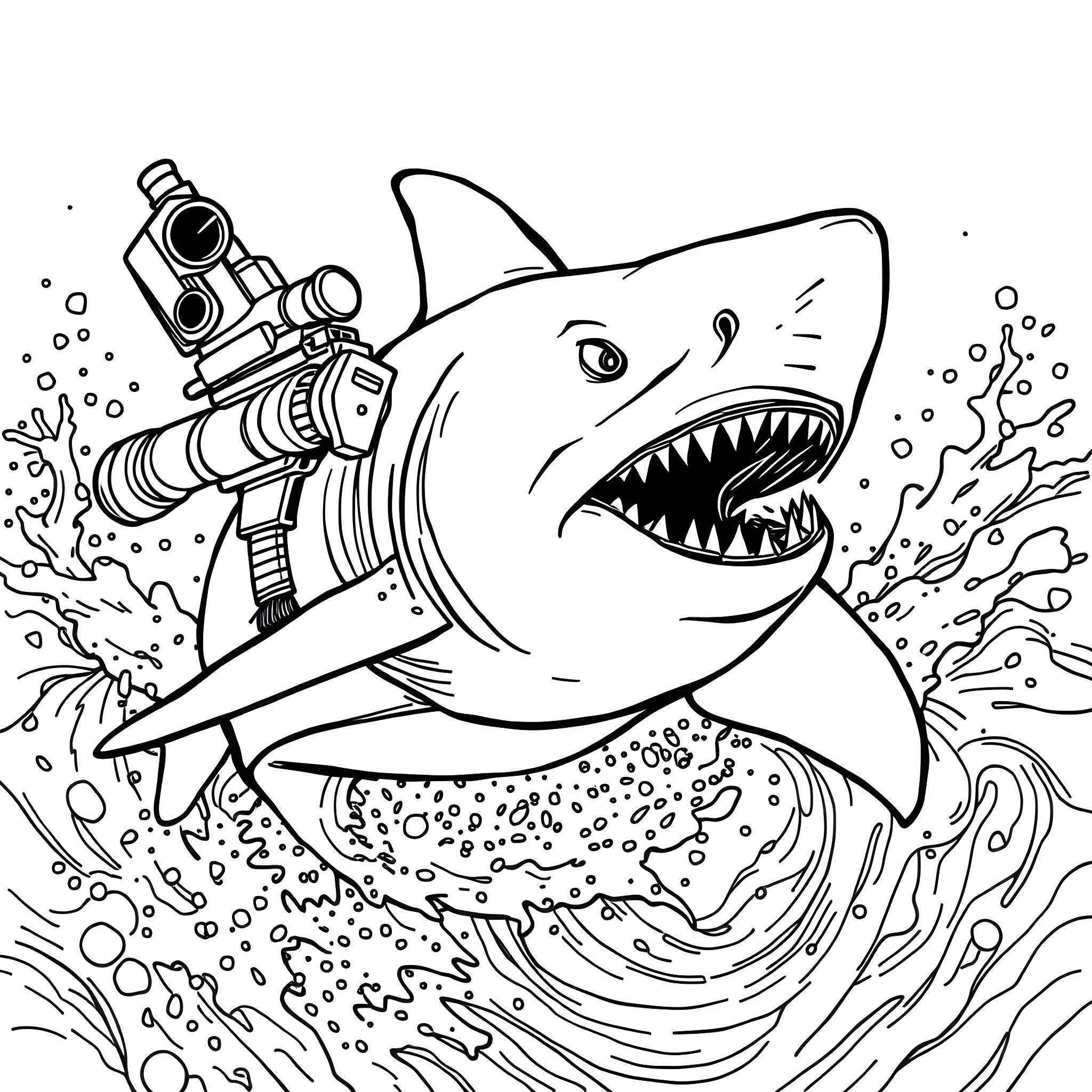 Shark attacking with harpoon gun Coloring Page (free black-and-white line drawing printable PDF for all, from beginners to advanced learners, including children, teens, adults, and seniors)
