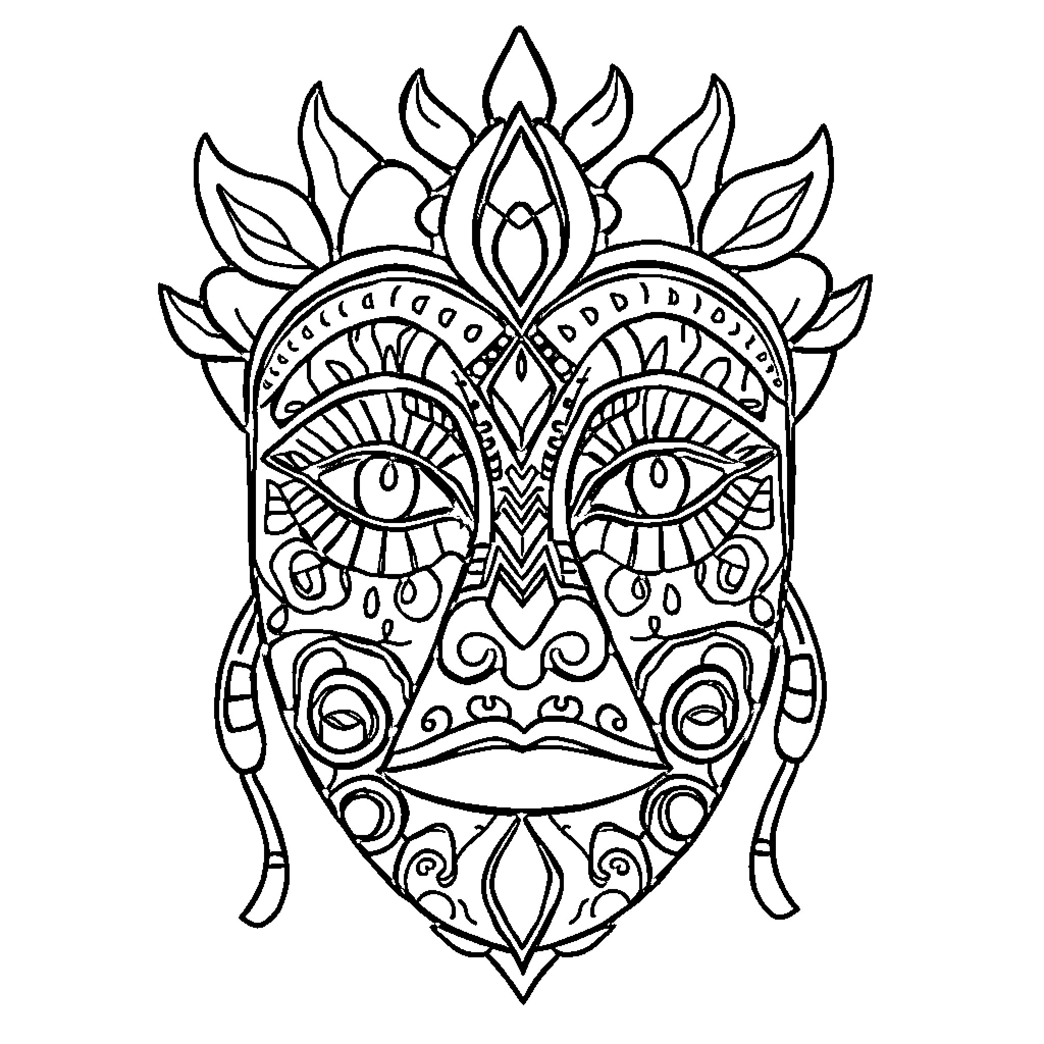 Face Mask with Ornate Tribal Patterns Coloring Page (free black-and-white line drawing printable PDF for all, from beginners to advanced learners, including children, teens, adults, and seniors)