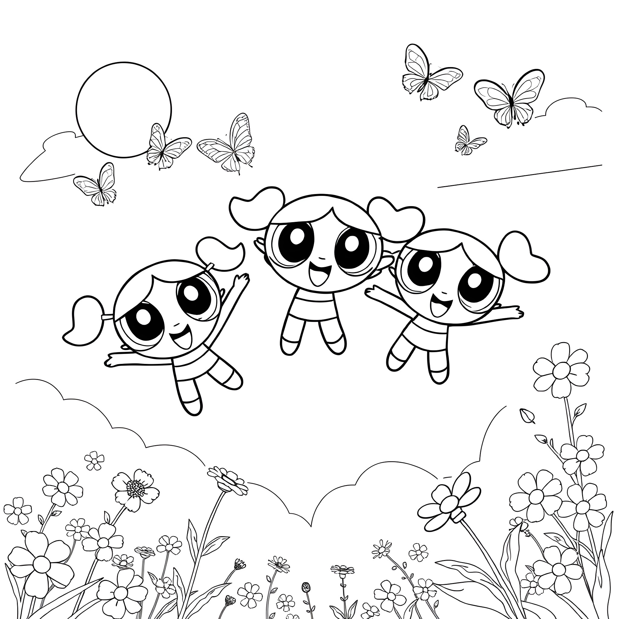Powerpuff Girls playing happily in a floral meadow Coloring Page (free black-and-white line drawing printable PDF for all, from beginners to advanced learners, including children, teens, adults, and seniors)