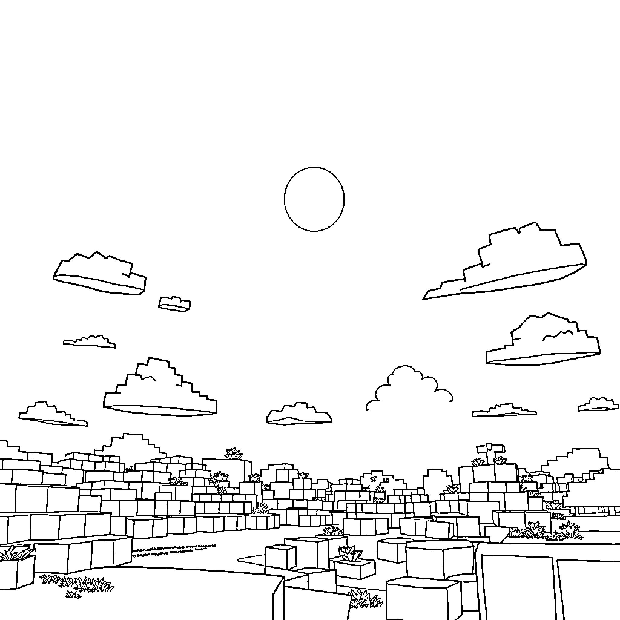 Minecraft landscape with buildings and clouds Coloring Page (free black-and-white line drawing printable PDF for all, from beginners to advanced learners, including children, teens, adults, and seniors)