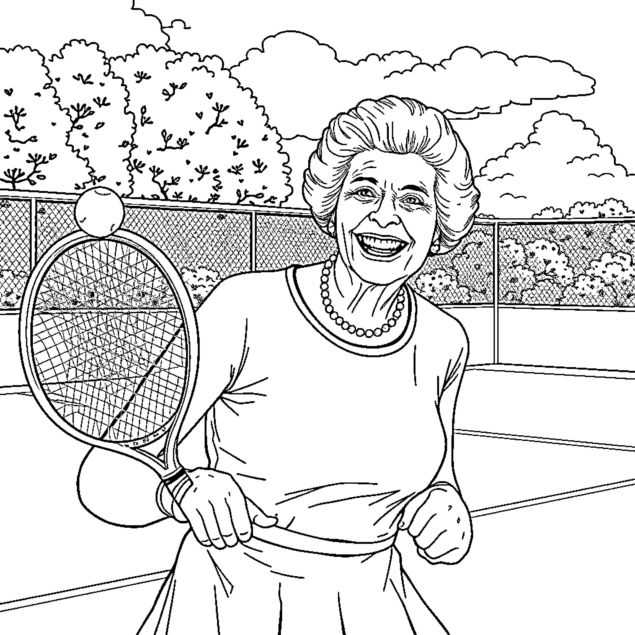 Queen Enjoying a Lively Tennis Match Coloring Page (free black-and-white line drawing printable PDF for all, from beginners to advanced learners, including children, teens, adults, and seniors)