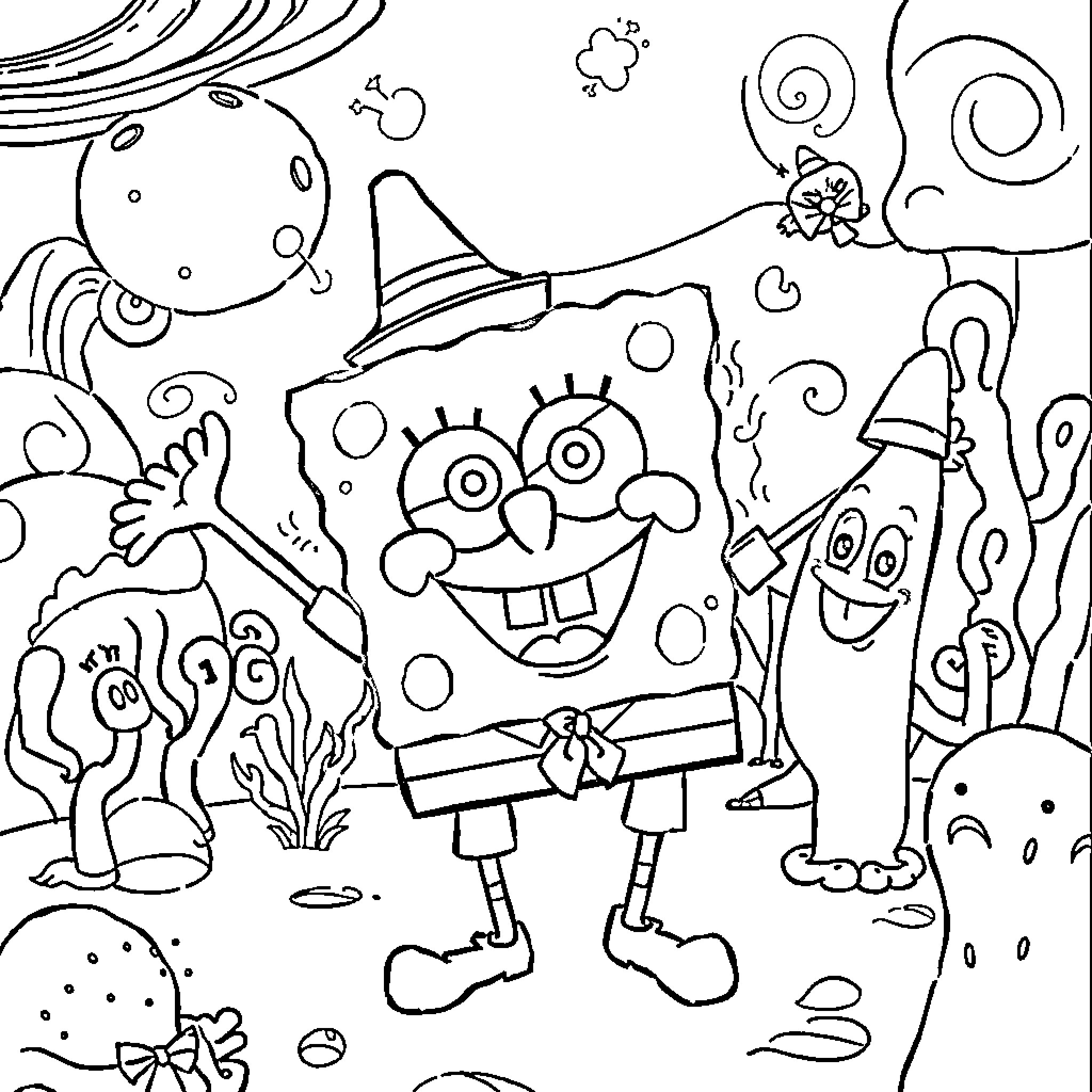 Spongebob enjoying a whimsical and imaginative scene Coloring Page (free black-and-white line drawing printable PDF for all, from beginners to advanced learners, including children, teens, adults, and seniors)