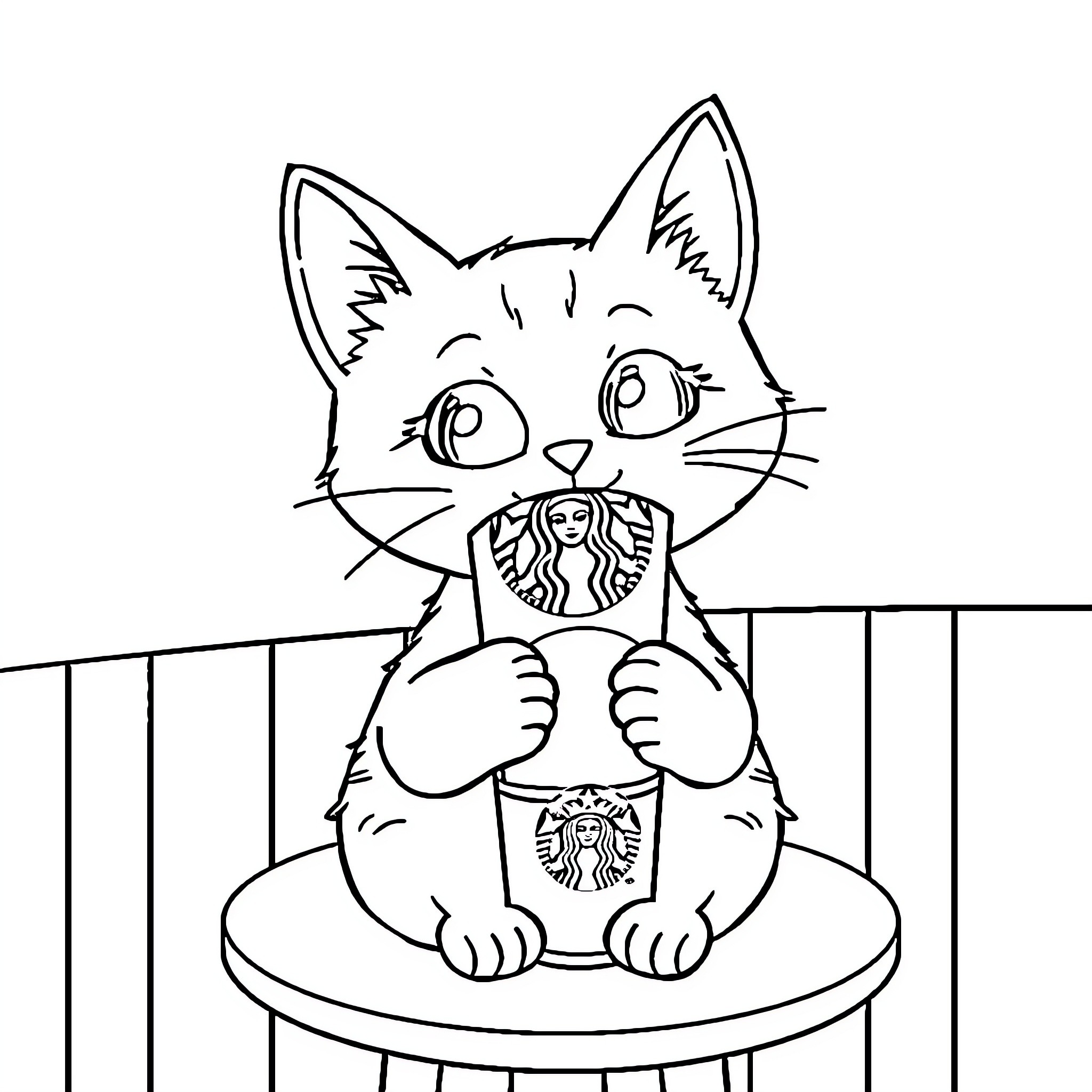 Cat holding a coffee cup on a bench Coloring Page (free black-and-white line drawing printable PDF for all, from beginners to advanced learners, including children, teens, adults, and seniors)