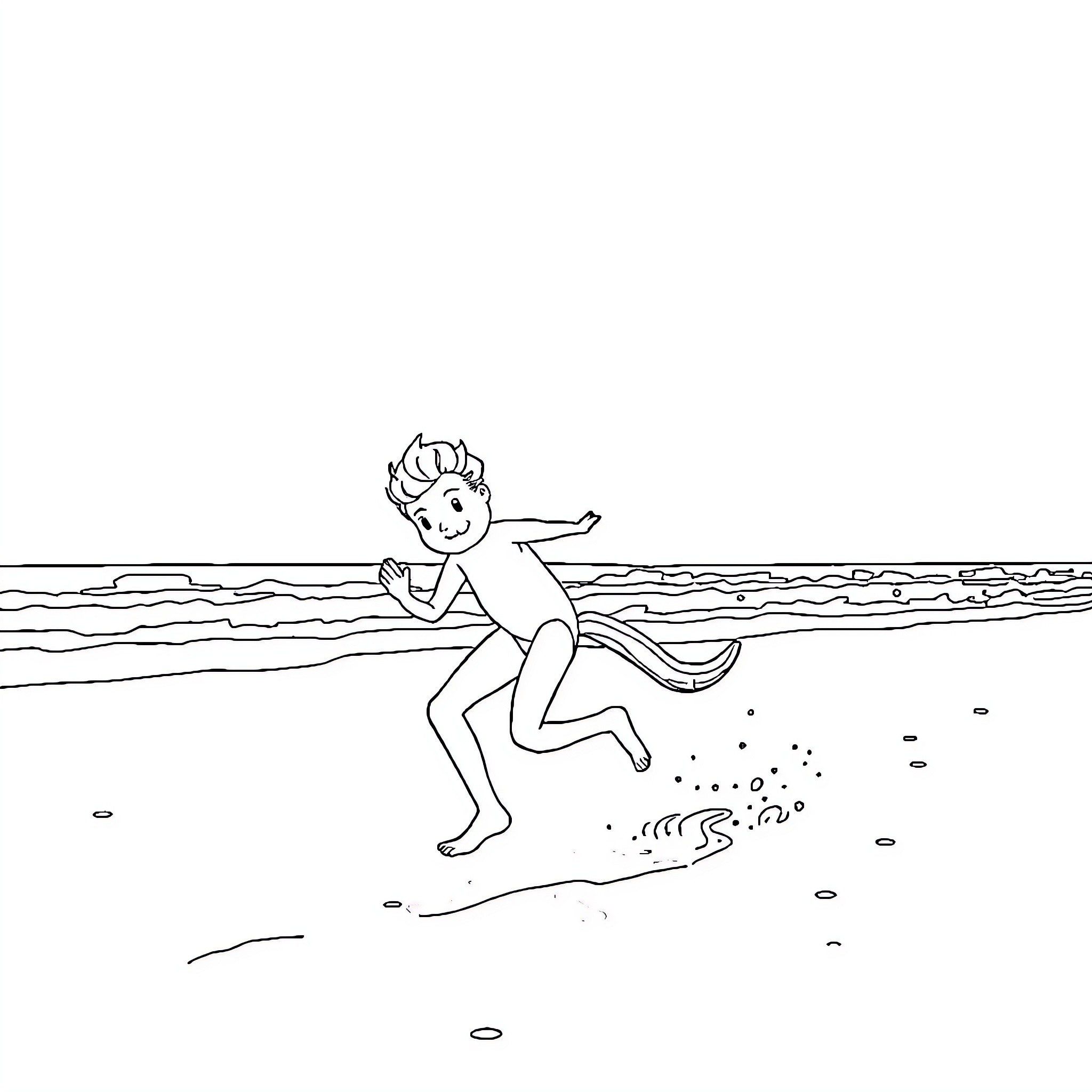 Eevee running playfully on the beach Coloring Page (free black-and-white line drawing printable PDF for all, from beginners to advanced learners, including children, teens, adults, and seniors)