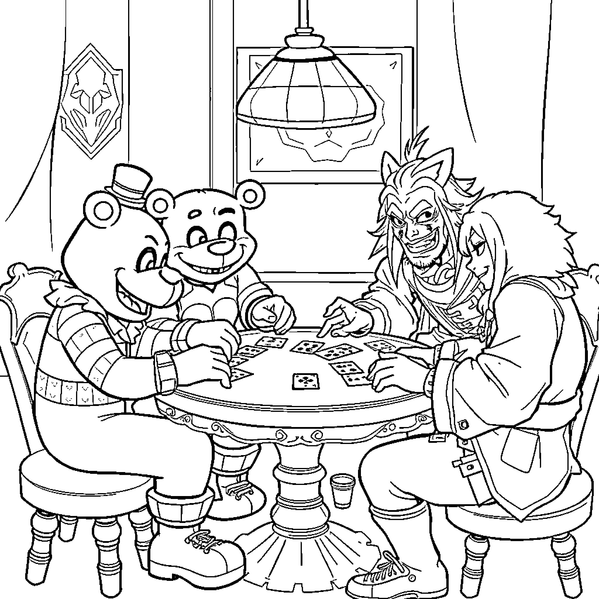 Freddy Fazbear and friends playing cards in cozy room Coloring Page (free black-and-white line drawing printable PDF for all, from beginners to advanced learners, including children, teens, adults, and seniors)