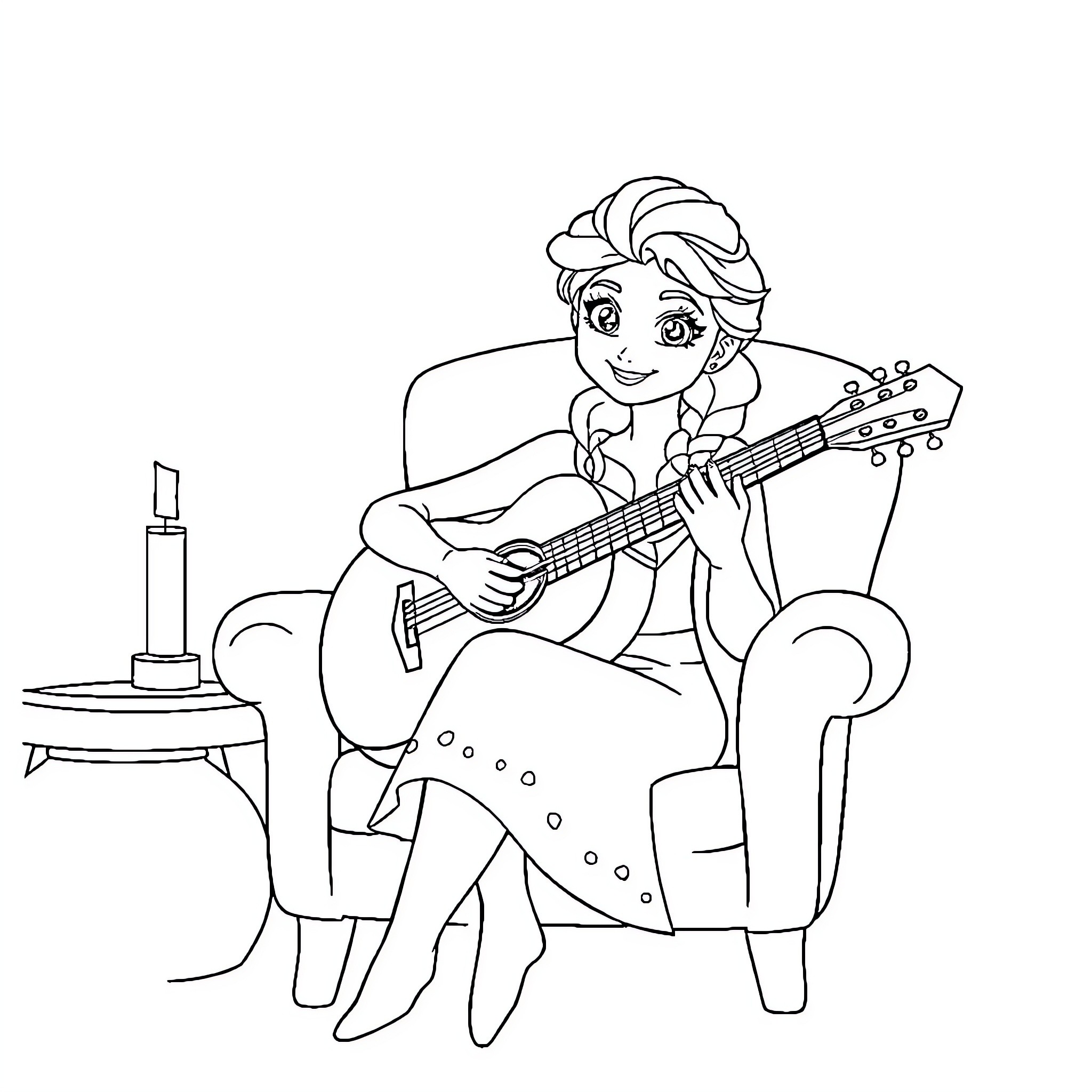 Elsa playing guitar in a cozy armchair Coloring Page (free black-and-white line drawing printable PDF for all, from beginners to advanced learners, including children, teens, adults, and seniors)