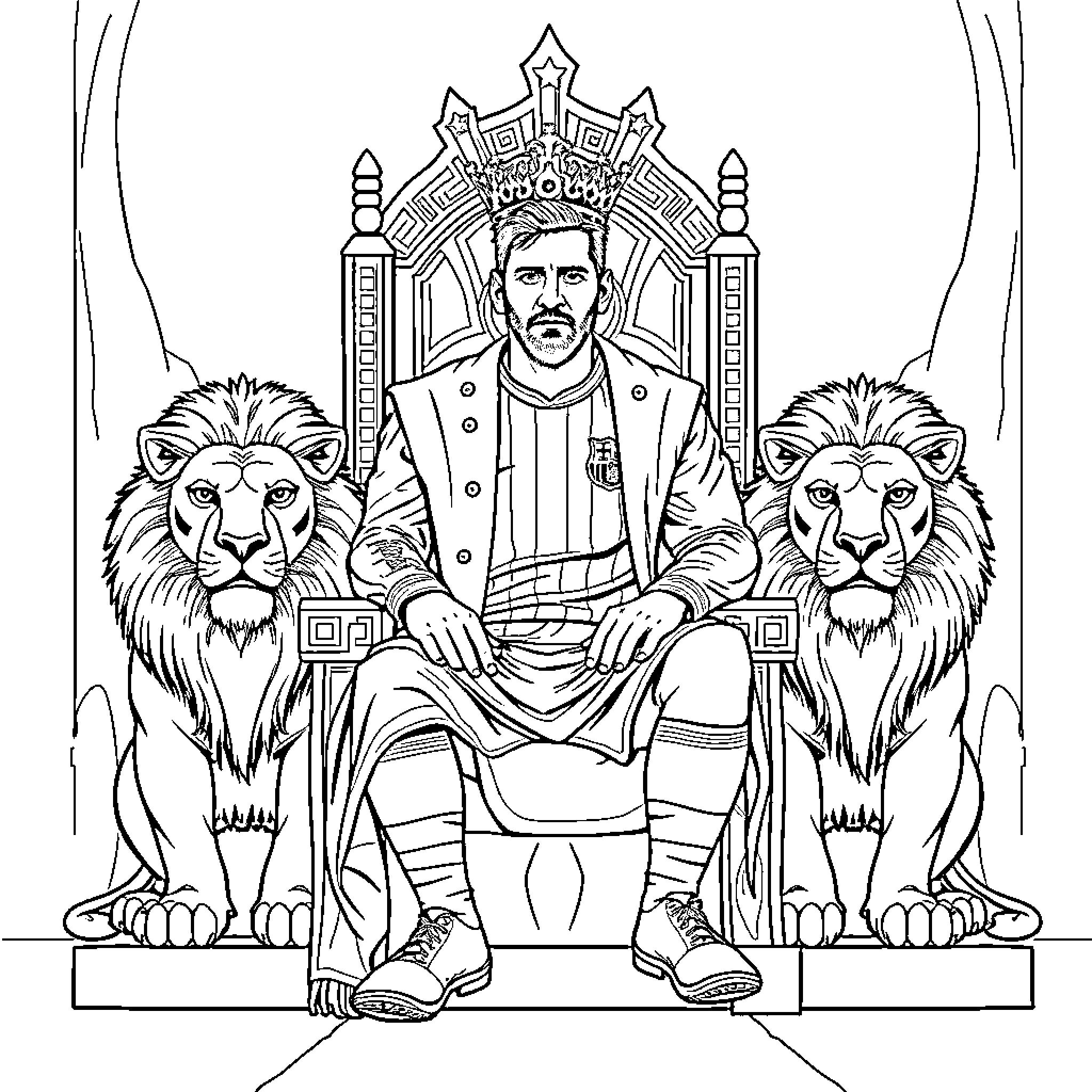 Lion king on throne flanked by lions Coloring Page (free black-and-white line drawing printable PDF for all, from beginners to advanced learners, including children, teens, adults, and seniors)