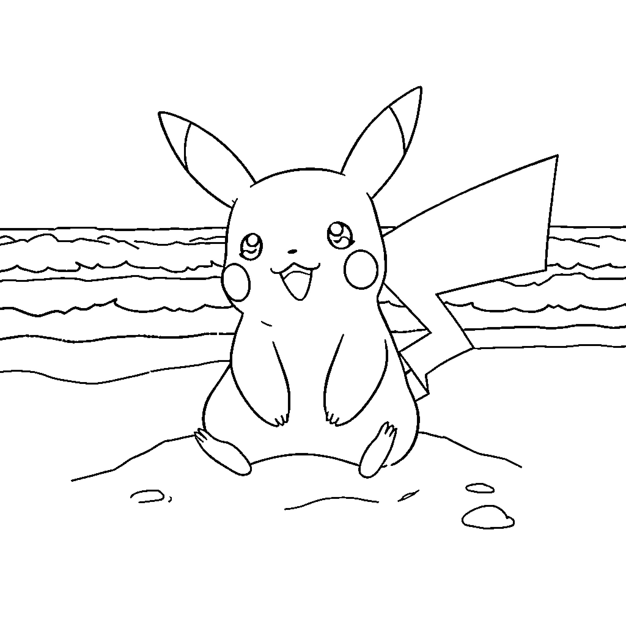 Pikachu sitting happily on a sandy beach Coloring Page (free black-and-white line drawing printable PDF for all, from beginners to advanced learners, including children, teens, adults, and seniors)