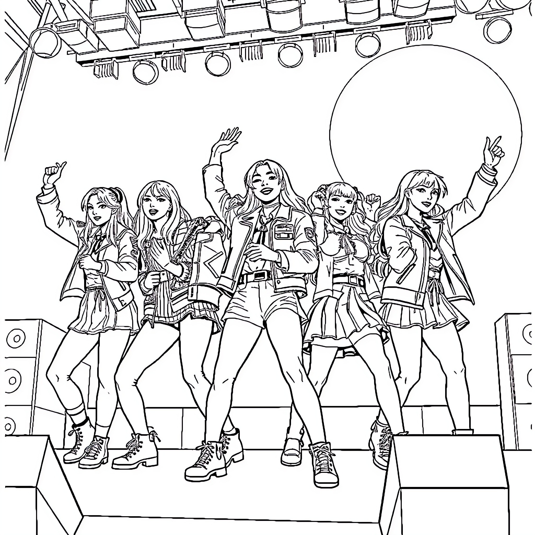 K Pop Warrior Performers Energetic on Stage Coloring Page (free black-and-white line drawing printable PDF for all, from beginners to advanced learners, including children, teens, adults, and seniors)