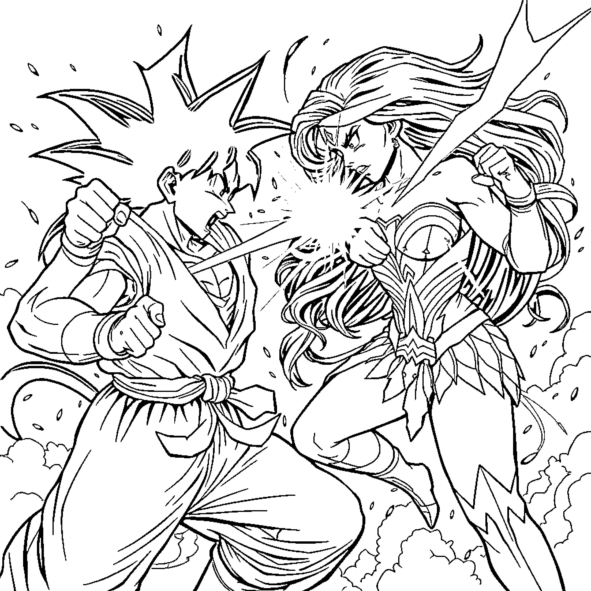 Son Goku engaging in an intense battle Coloring Page (free black-and-white line drawing printable PDF for all, from beginners to advanced learners, including children, teens, adults, and seniors)
