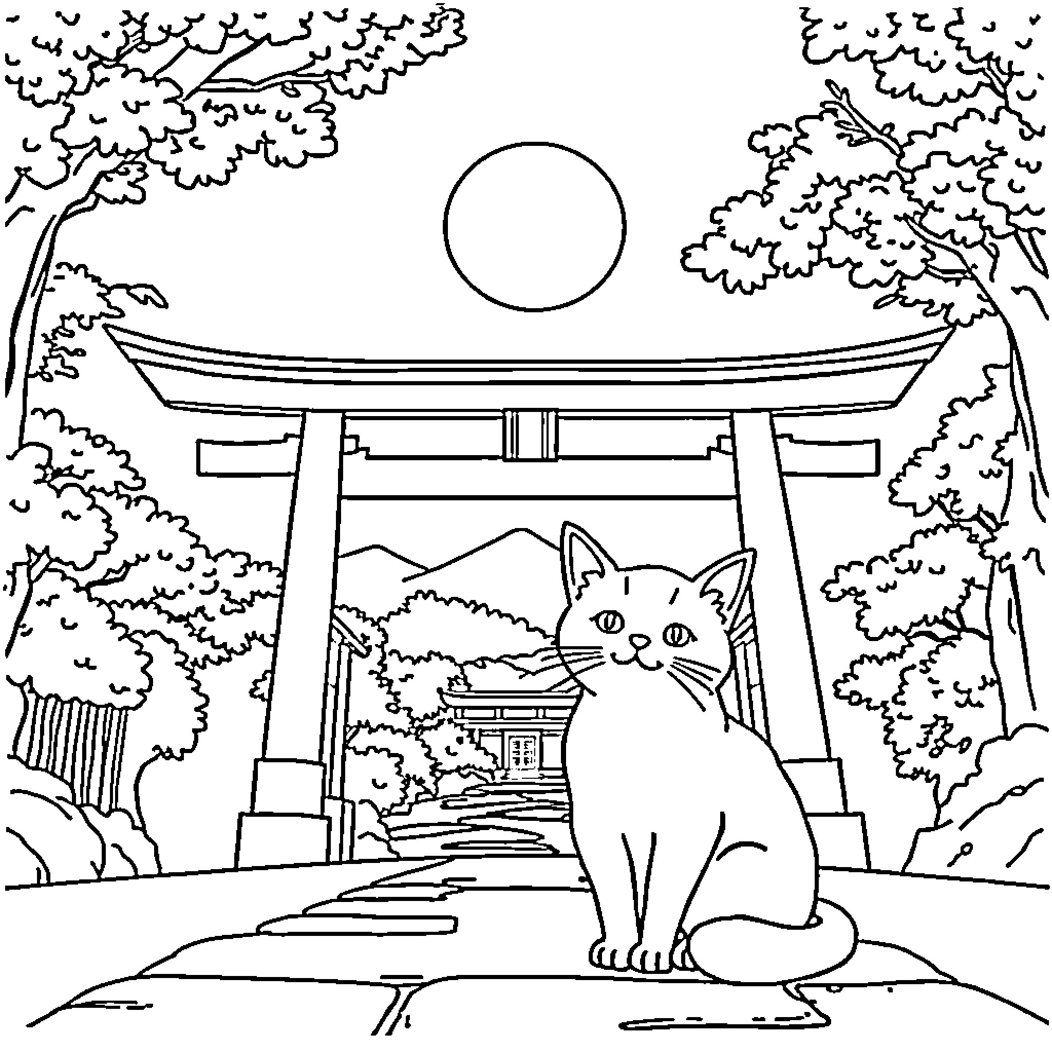 Cat exploring Japanese temple in moonlight Coloring Page (free black-and-white line drawing printable PDF for all, from beginners to advanced learners, including children, teens, adults, and seniors)