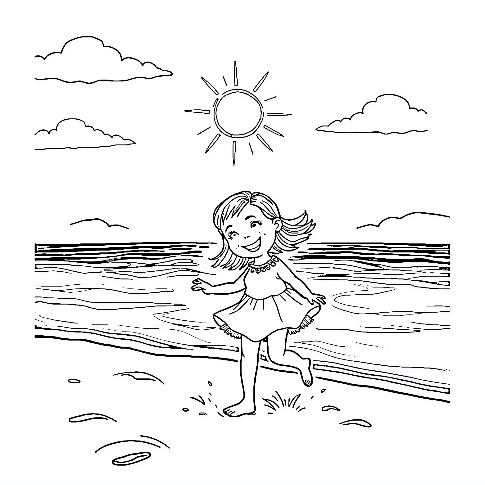 Girl enjoying a sunny day at the beach Coloring Page (free black-and-white line drawing printable PDF for all, from beginners to advanced learners, including children, teens, adults, and seniors)