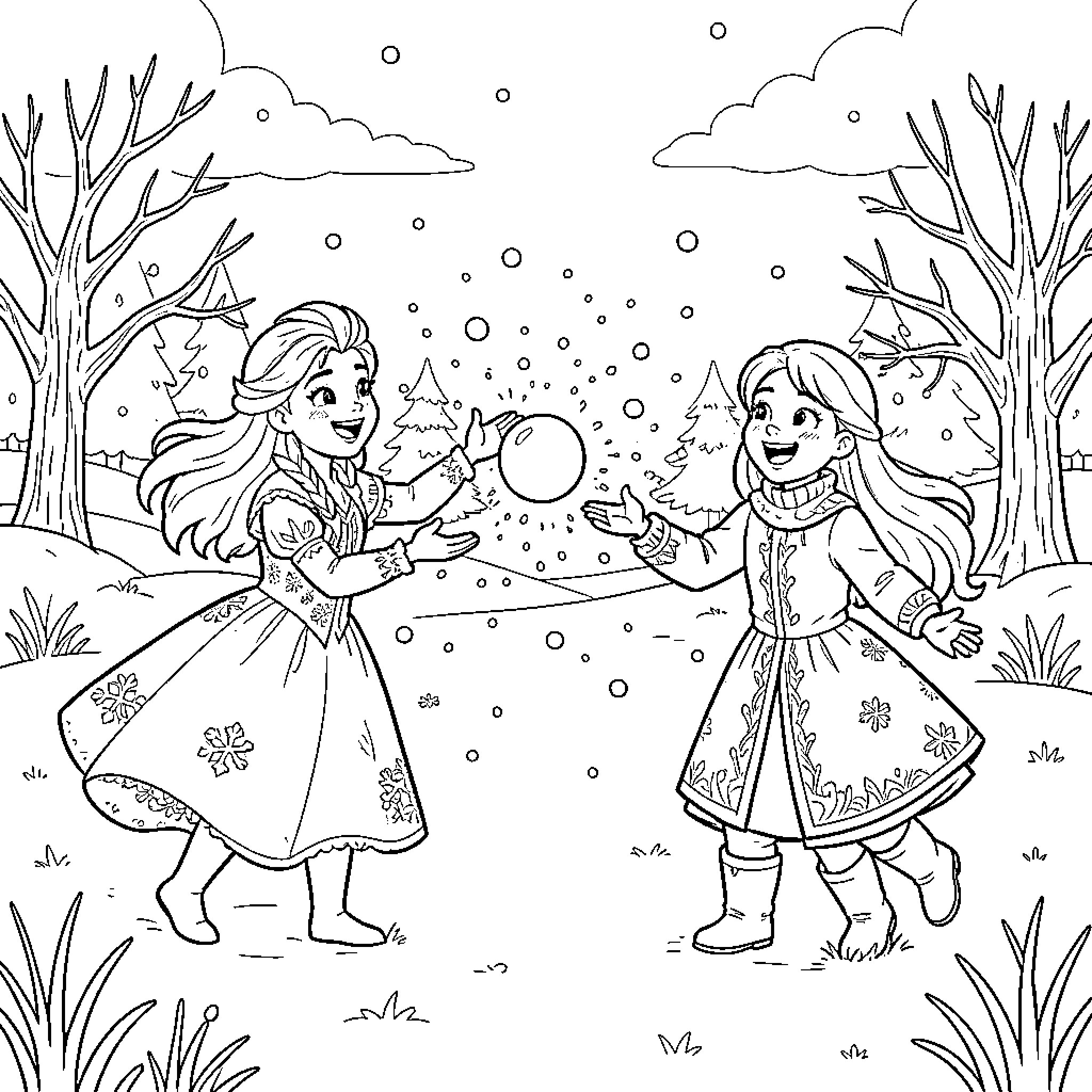 Elsa and Anna playing with magical snow spheres Coloring Page (free black-and-white line drawing printable PDF for all, from beginners to advanced learners, including children, teens, adults, and seniors)