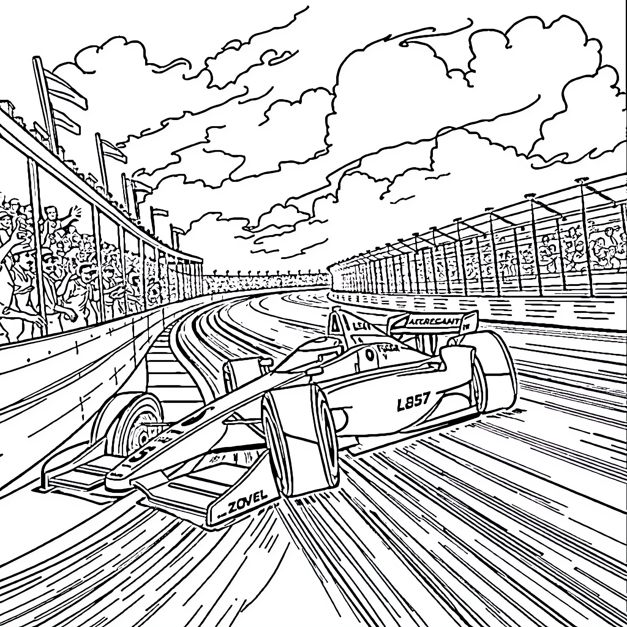 Indycar racing on high-speed track with dramatic sky Coloring Page (free black-and-white line drawing printable PDF for all, from beginners to advanced learners, including children, teens, adults, and seniors)