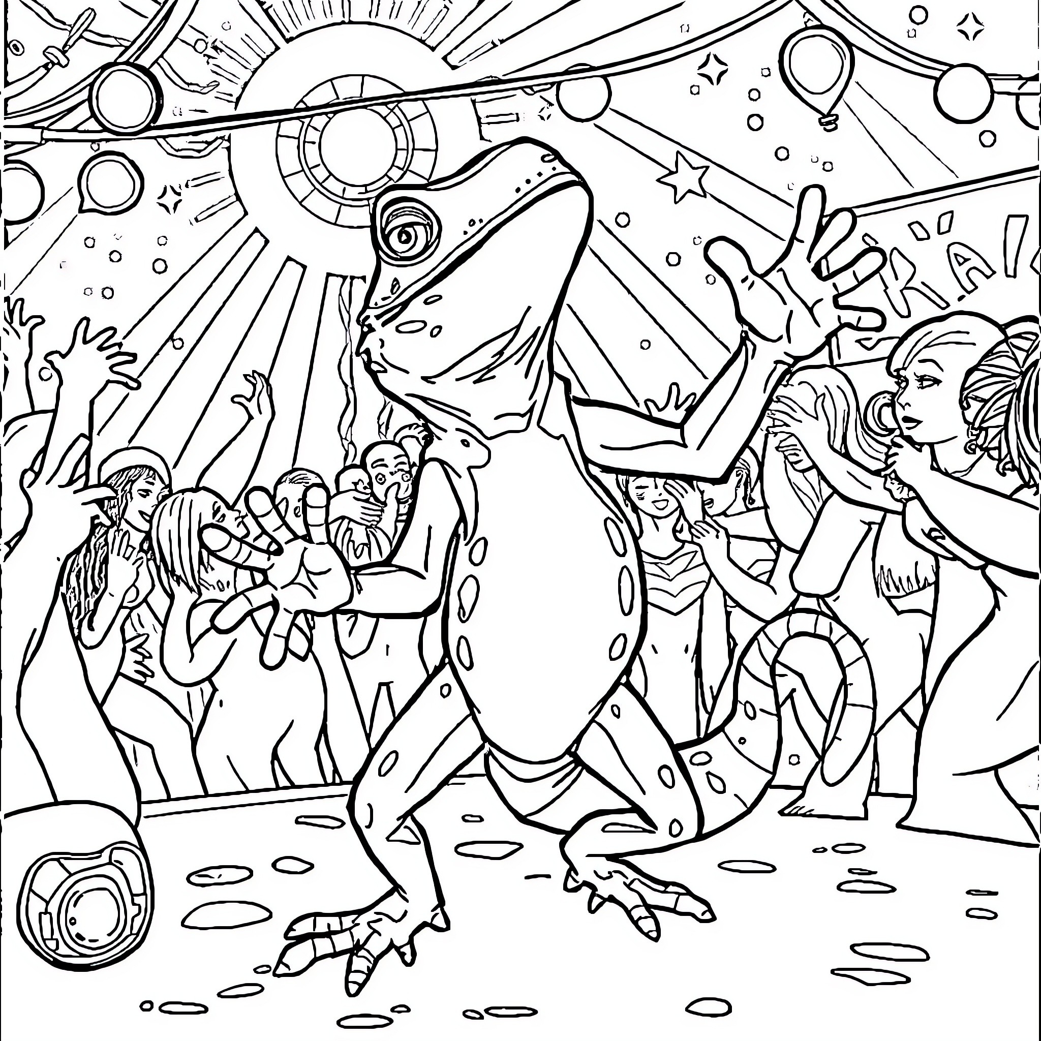 Lizard performing at intergalactic concert Coloring Page (free black-and-white line drawing printable PDF for all, from beginners to advanced learners, including children, teens, adults, and seniors)