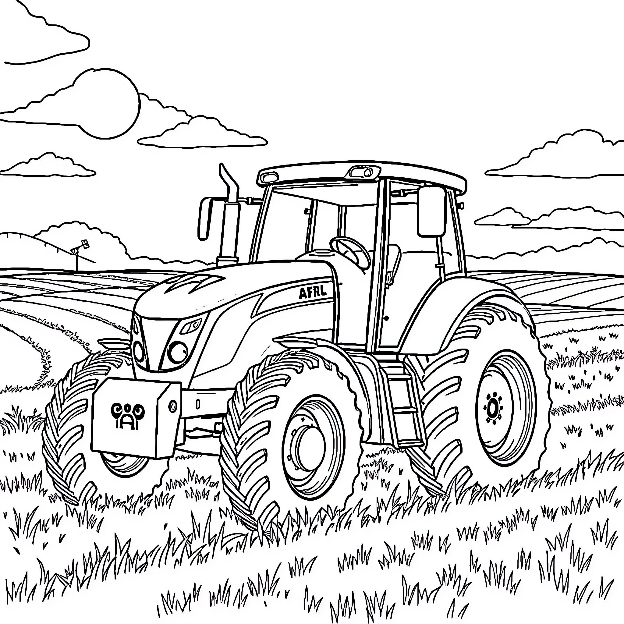 Tractor working in the countryside Coloring Page (free black-and-white line drawing printable PDF for all, from beginners to advanced learners, including children, teens, adults, and seniors)