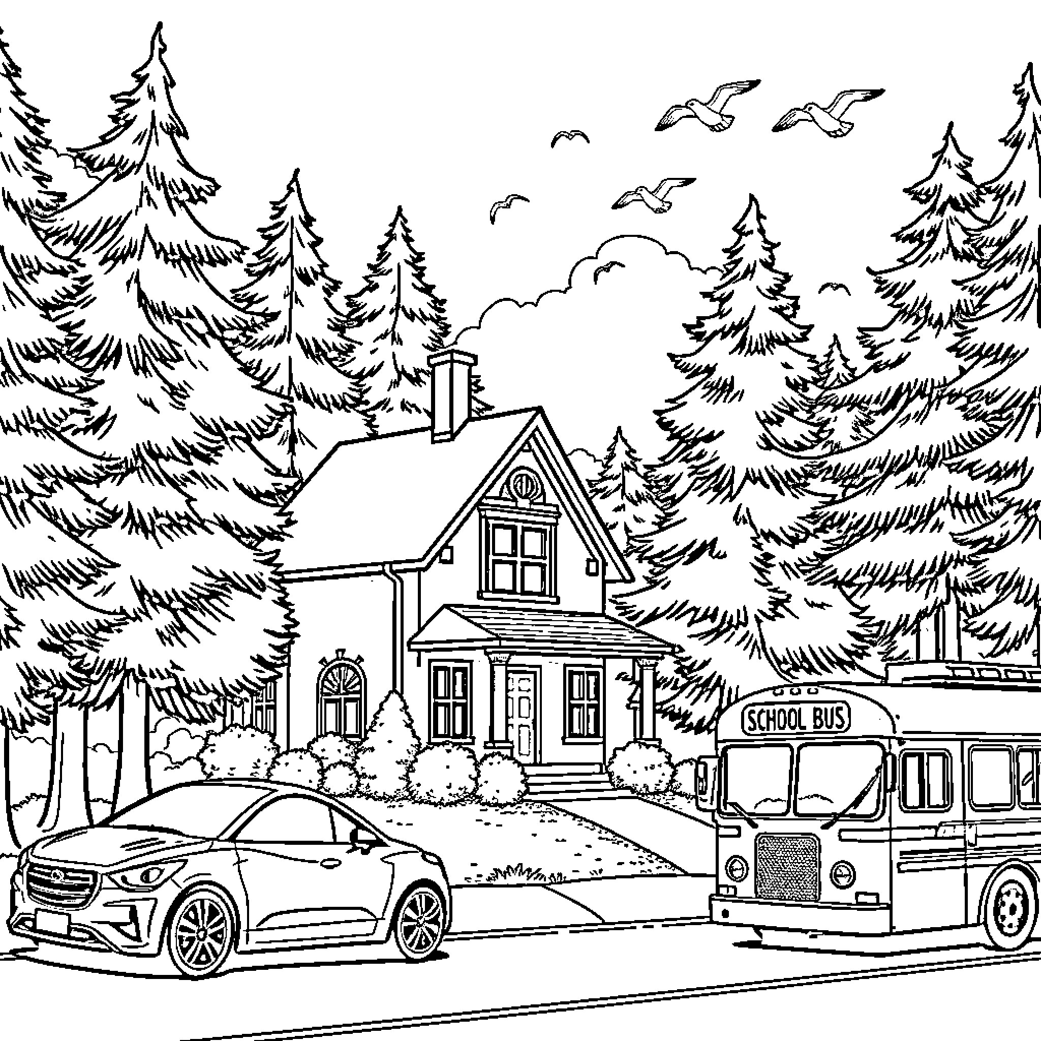 House in the Peaceful Forest with School Bus Coloring Page (free black-and-white line drawing printable PDF for all, from beginners to advanced learners, including children, teens, adults, and seniors)
