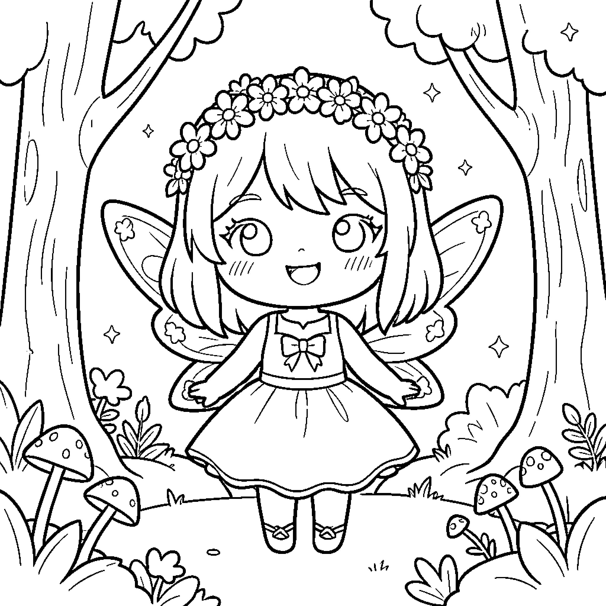 Fairy wearing a flower crown in a magical forest Coloring Page (free black-and-white line drawing printable PDF for all, from beginners to advanced learners, including children, teens, adults, and seniors)