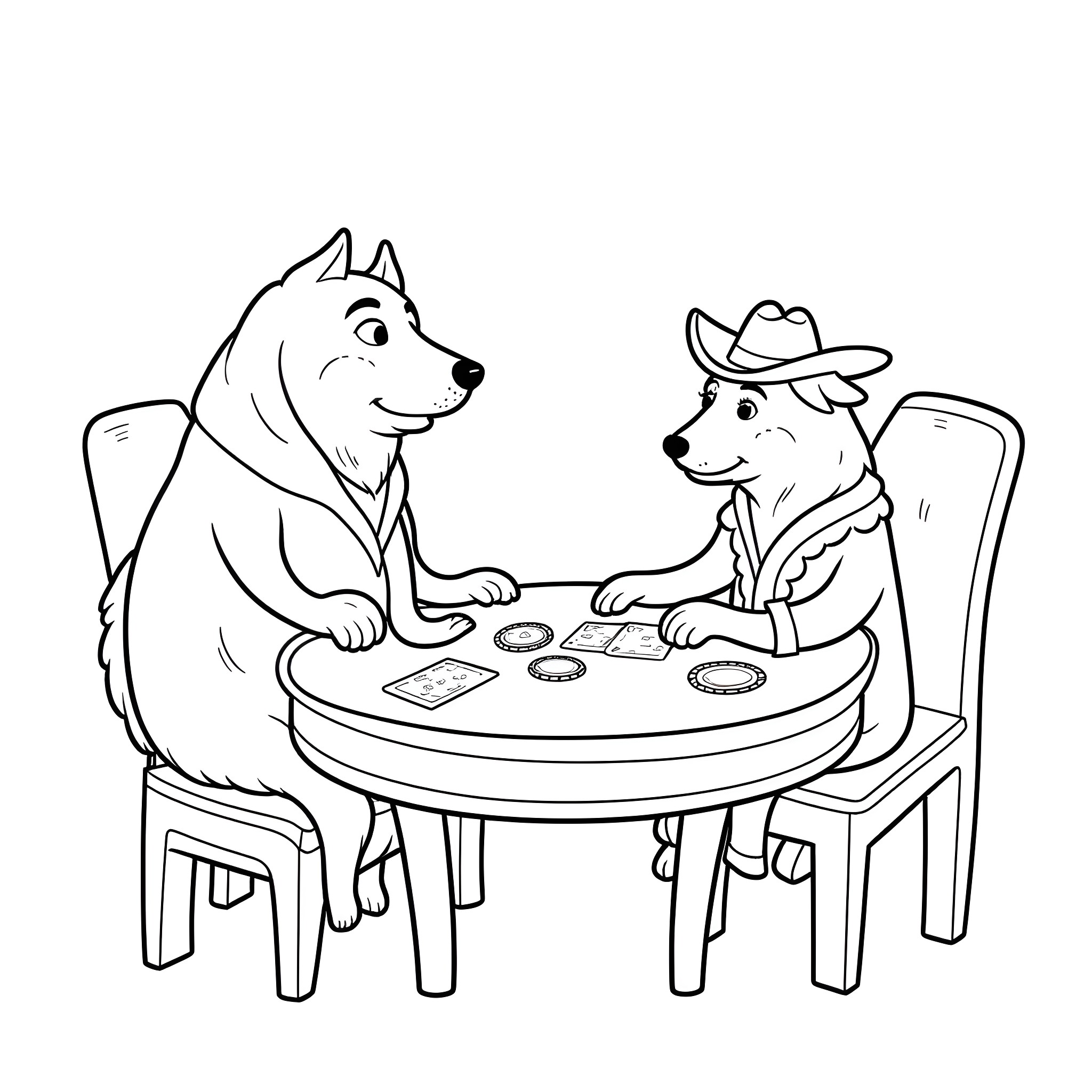 Dogs playing poker at the table Coloring Page (free black-and-white line drawing printable PDF for all, from beginners to advanced learners, including children, teens, adults, and seniors)