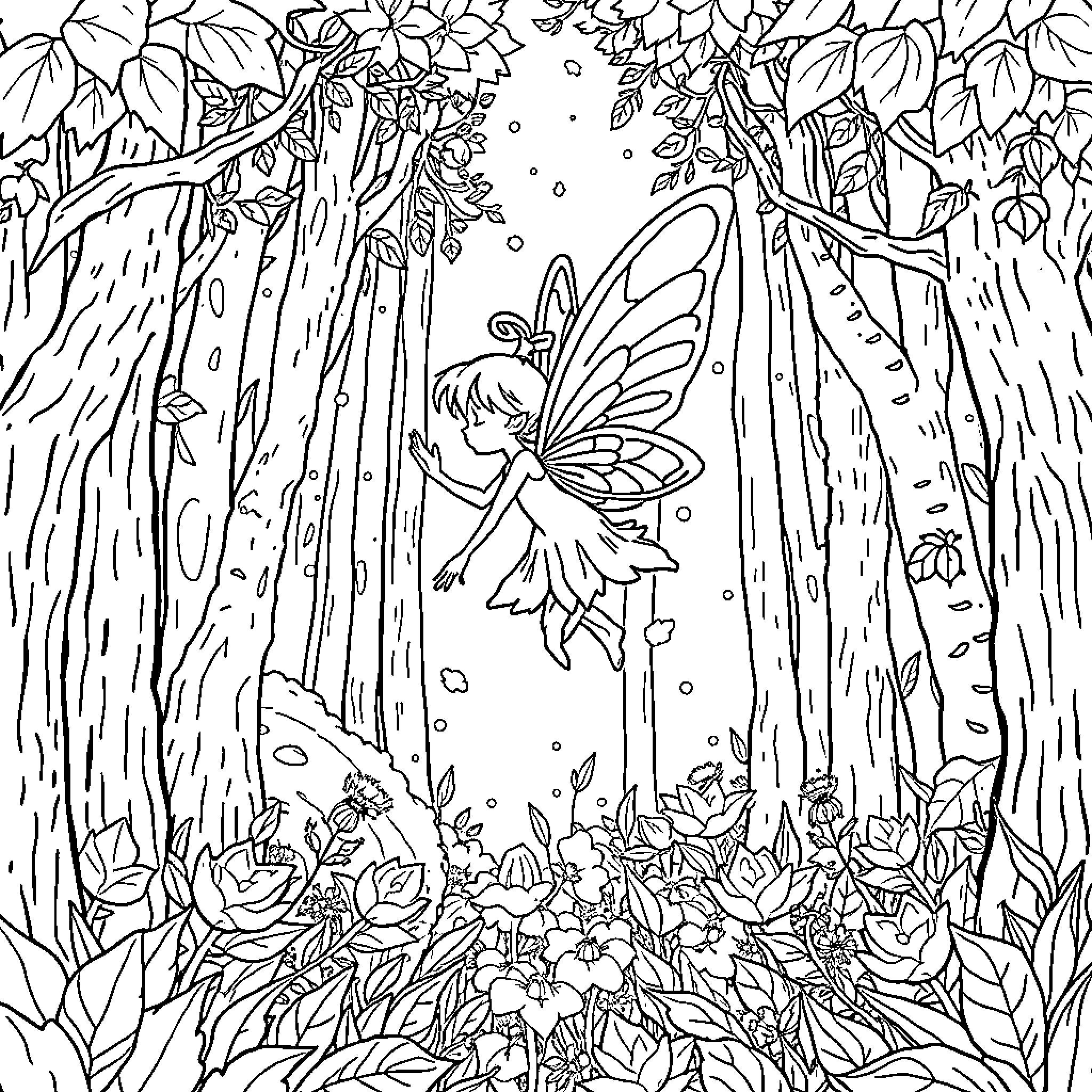 Fairy dancing amidst enchanted forest Coloring Page (free black-and-white line drawing printable PDF for all, from beginners to advanced learners, including children, teens, adults, and seniors)