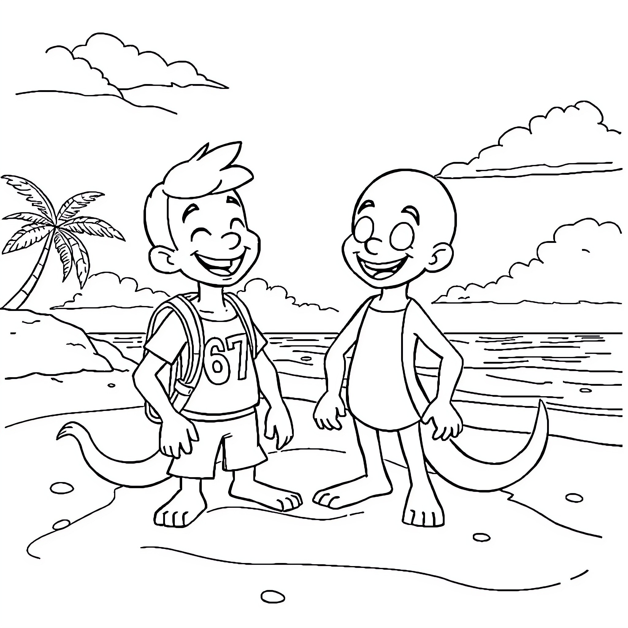 Players enjoying a sunny day at the beach Coloring Page (free black-and-white line drawing printable PDF for all, from beginners to advanced learners, including children, teens, adults, and seniors)