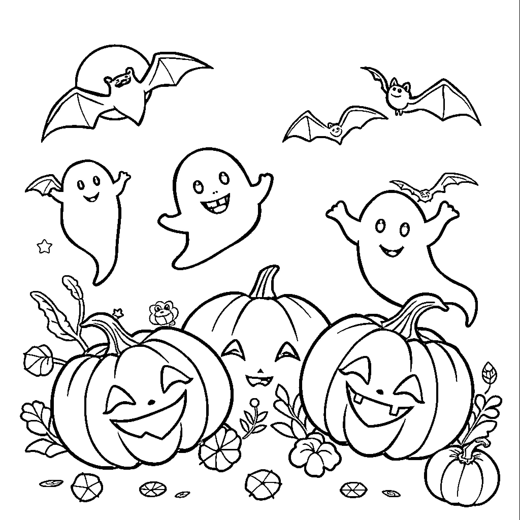 Halloween Pumpkins, Ghosts, and Bats in the Night Coloring Page (free black-and-white line drawing printable PDF for all, from beginners to advanced learners, including children, teens, adults, and seniors)