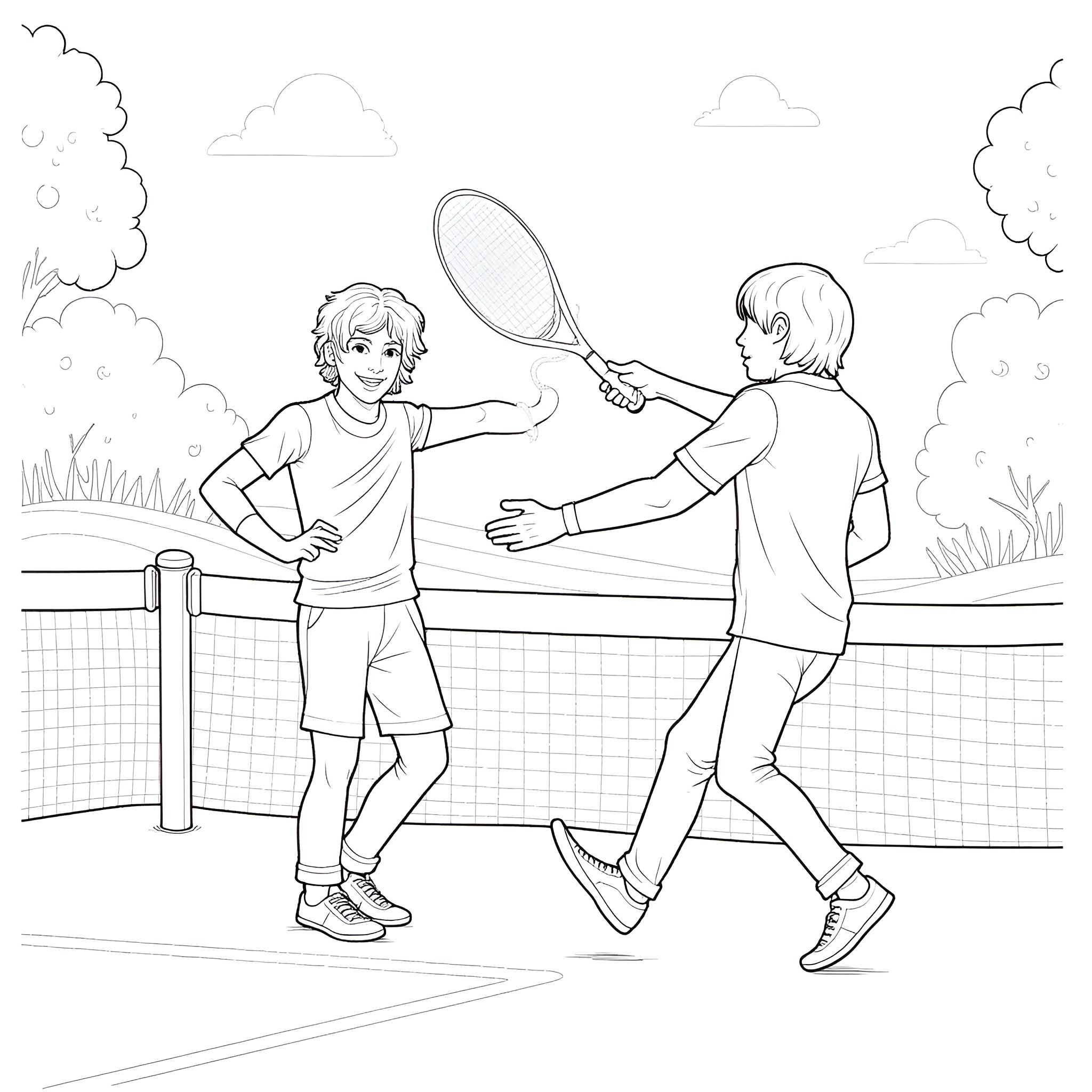 Doctor Who Companions Playing Tennis on a Sunny Day Coloring Page (free black-and-white line drawing printable PDF for all, from beginners to advanced learners, including children, teens, adults, and seniors)