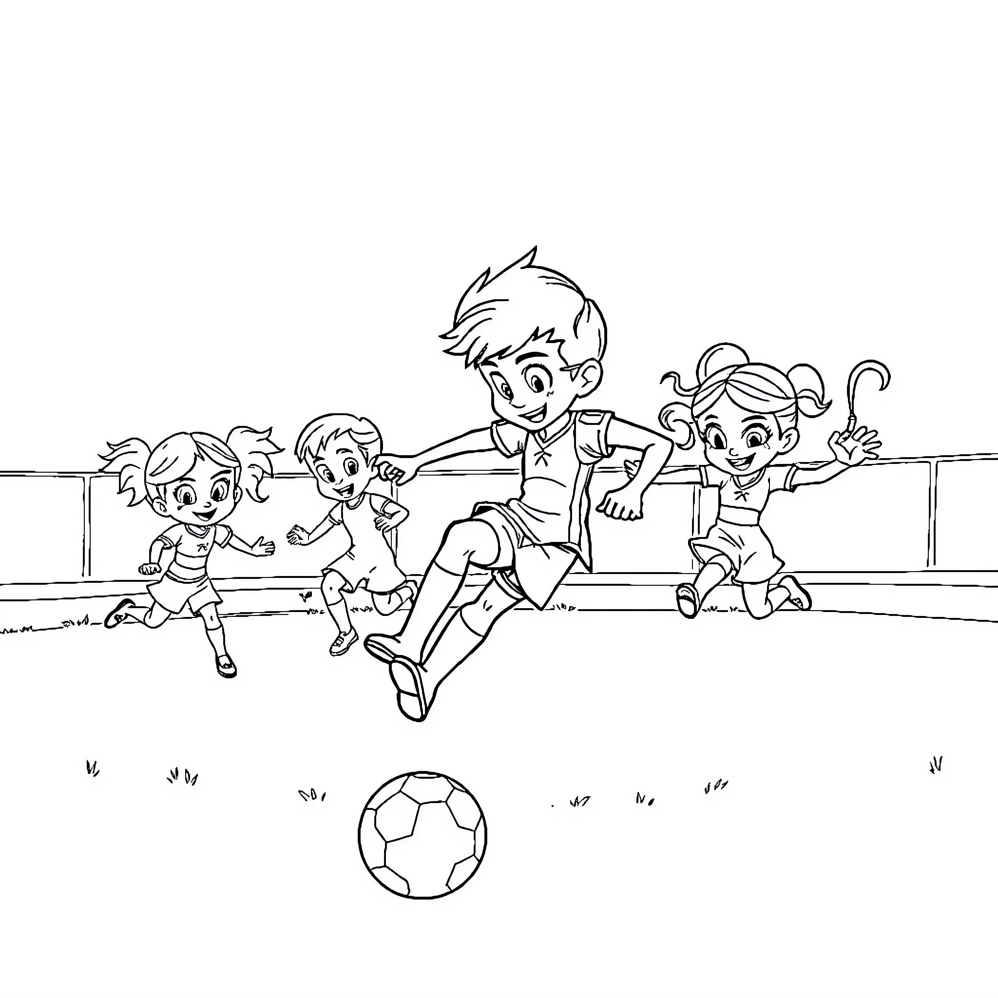 Miraculous Friends Playing Soccer Joyfully Coloring Page (free black-and-white line drawing printable PDF for all, from beginners to advanced learners, including children, teens, adults, and seniors)