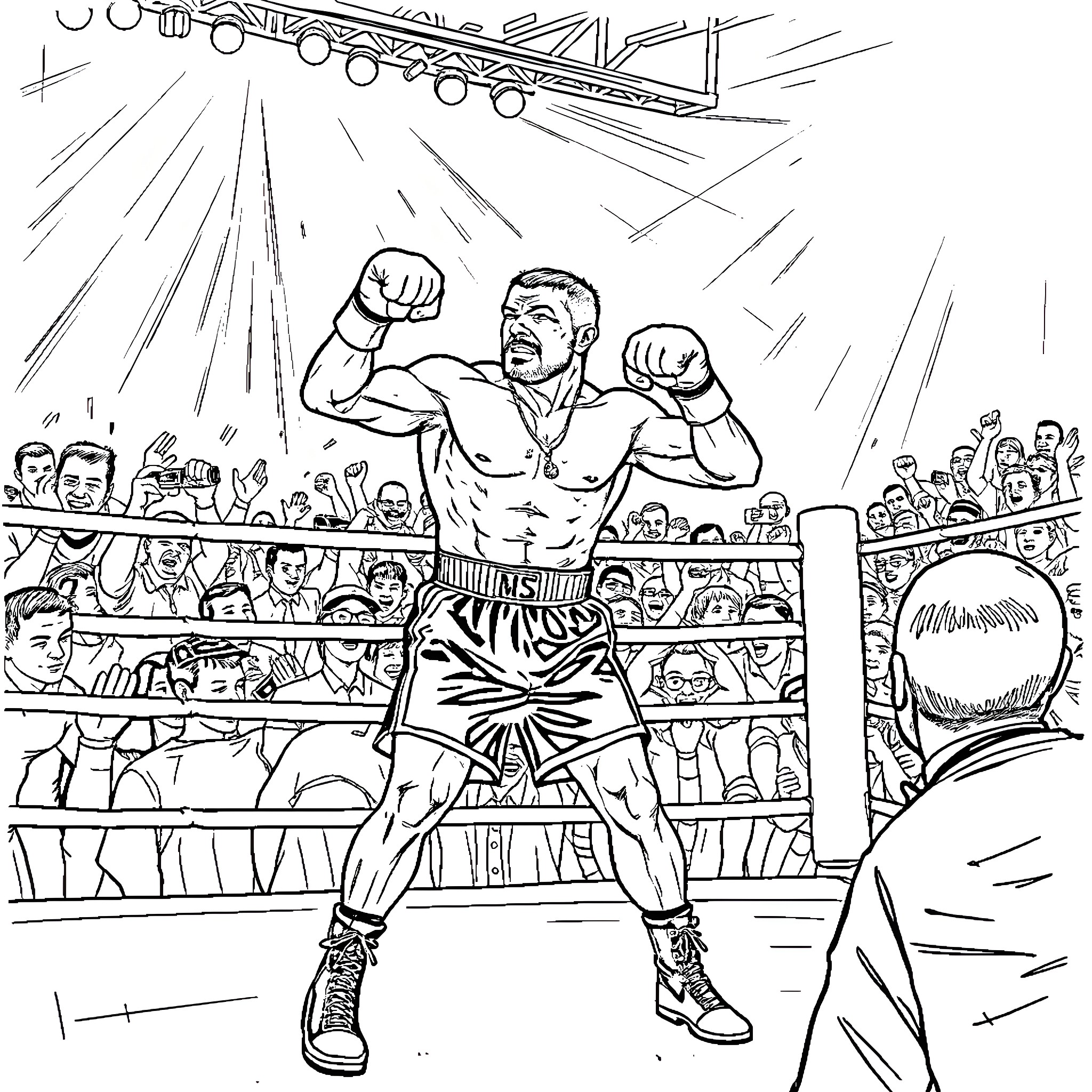 Chuck Liddell celebrating victory in the boxing ring Coloring Page (free black-and-white line drawing printable PDF for all, from beginners to advanced learners, including children, teens, adults, and seniors)