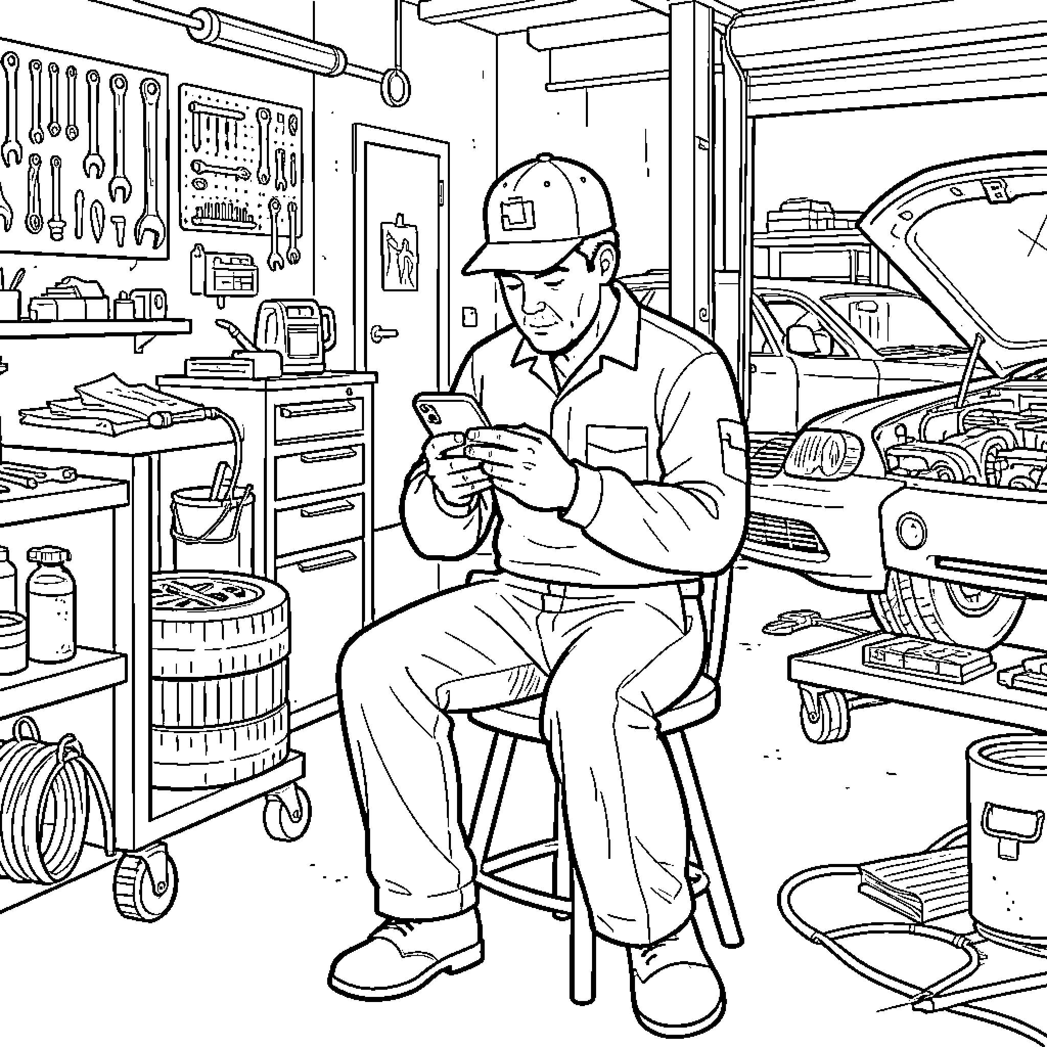Mechanic sitting in a garage using a smartphone Coloring Page (free black-and-white line drawing printable PDF for all, from beginners to advanced learners, including children, teens, adults, and seniors)