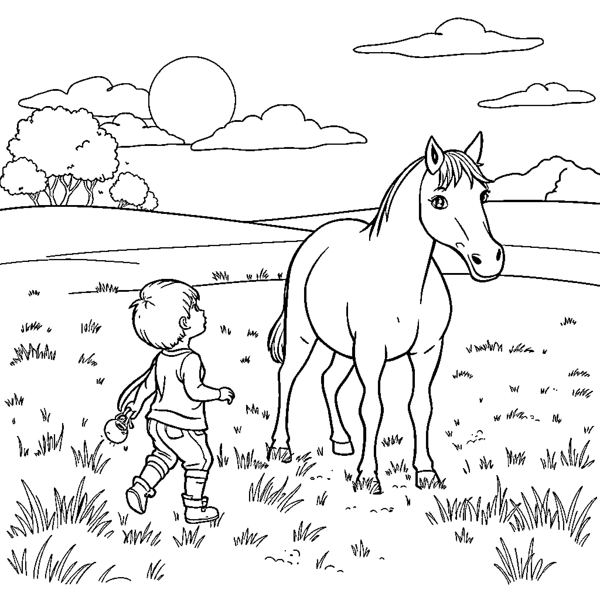 Horse Enjoyed by a Young Child in the Countryside Coloring Page (free black-and-white line drawing printable PDF for all, from beginners to advanced learners, including children, teens, adults, and seniors)