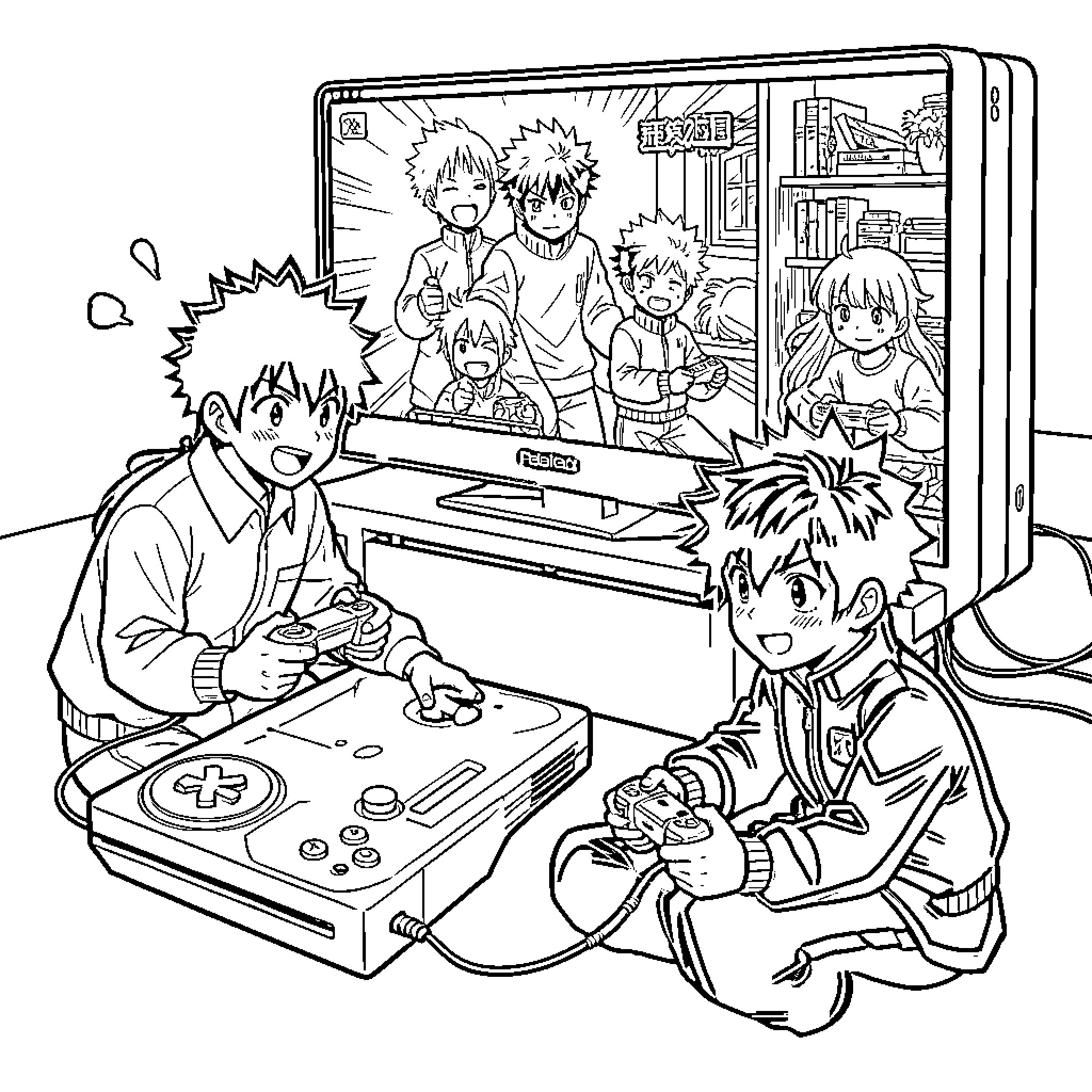 Jujutsu Kaisen characters playing video games together Coloring Page (free black-and-white line drawing printable PDF for all, from beginners to advanced learners, including children, teens, adults, and seniors)
