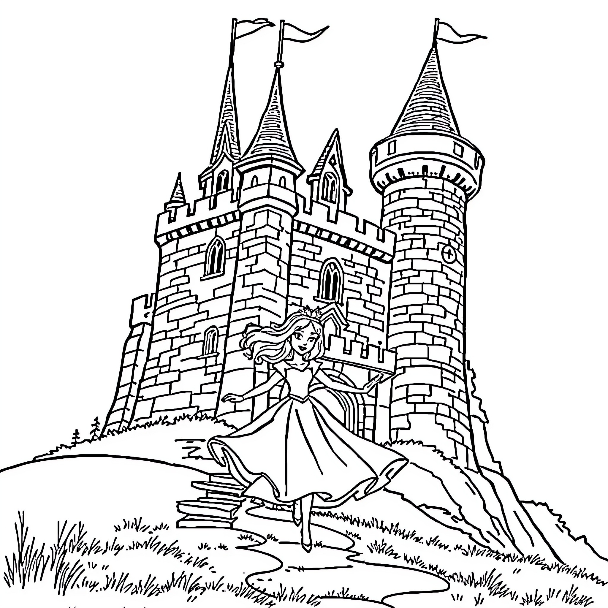 Princess enjoying a peaceful day at the castle Coloring Page (free black-and-white line drawing printable PDF for all, from beginners to advanced learners, including children, teens, adults, and seniors)