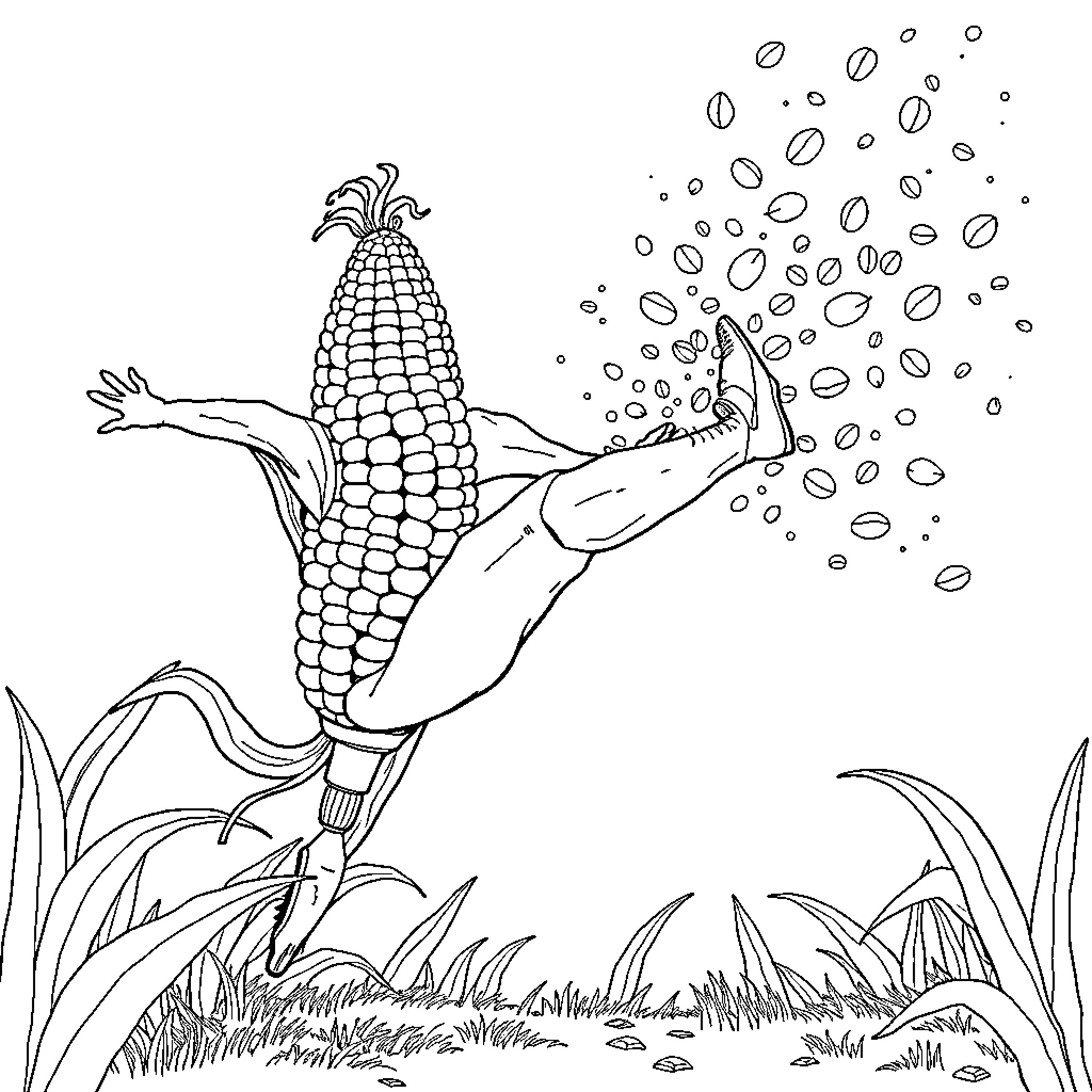 Corn Harvest Celebration in Nature Coloring Page (free black-and-white line drawing printable PDF for all, from beginners to advanced learners, including children, teens, adults, and seniors)