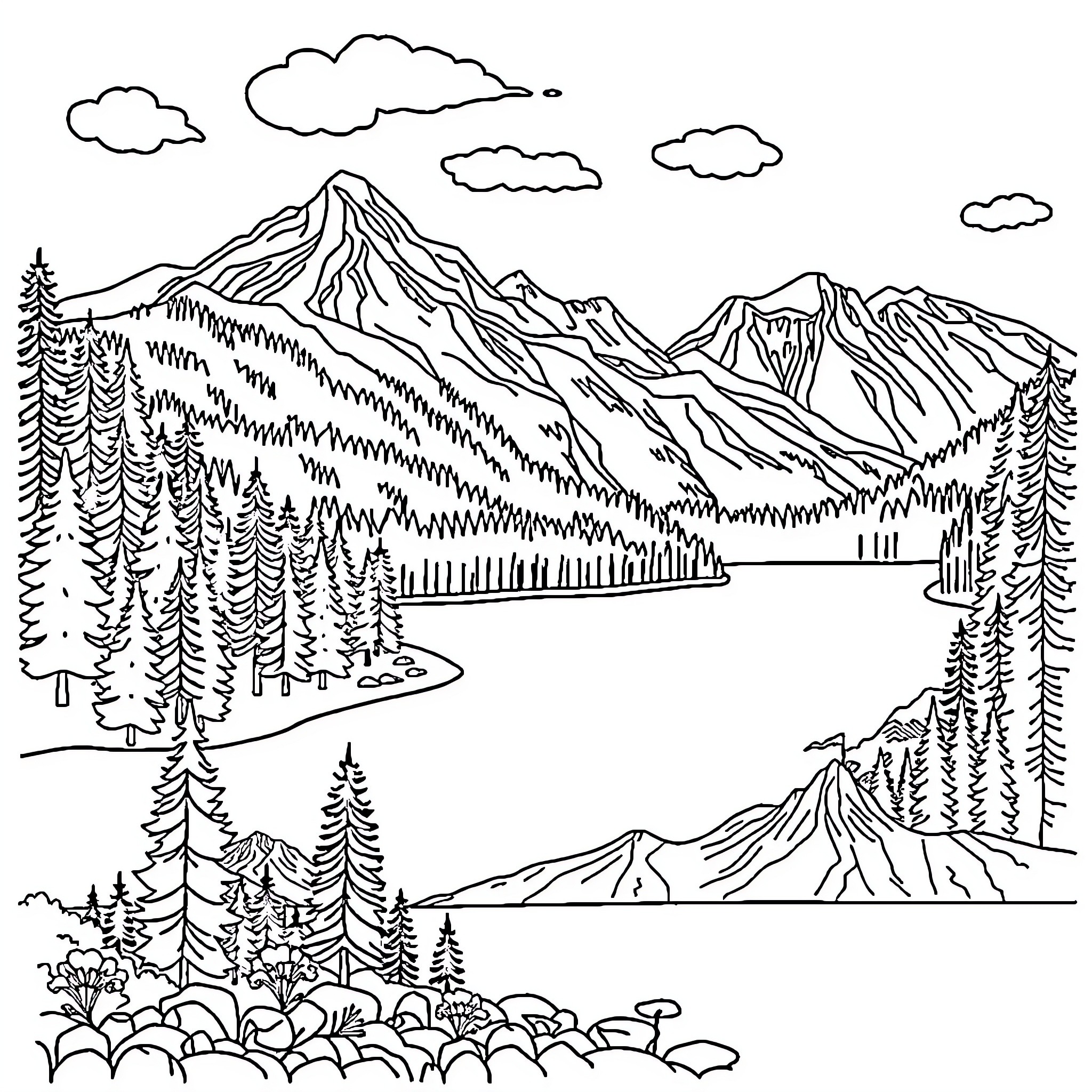 Nature's Majestic Mountain Landscape Coloring Page (free black-and-white line drawing printable PDF for all, from beginners to advanced learners, including children, teens, adults, and seniors)