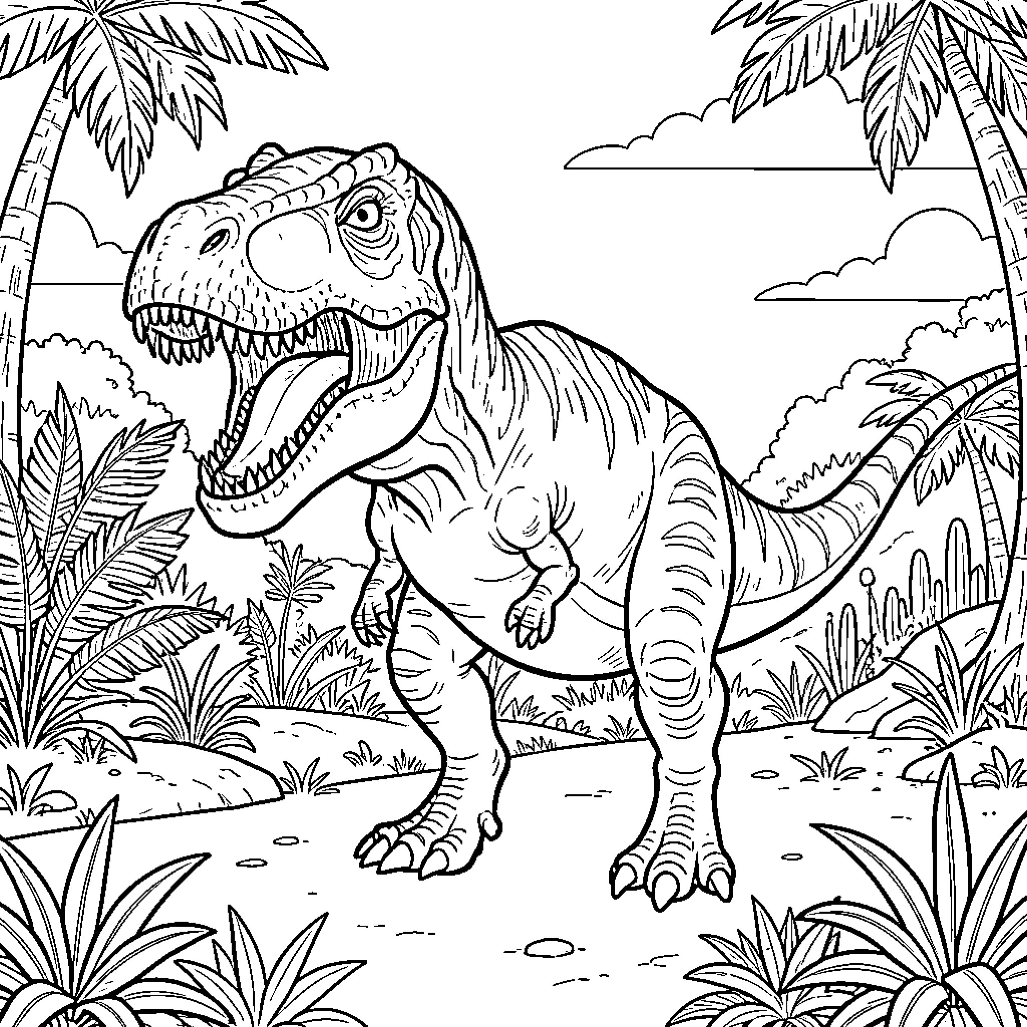 Dinosaur roaring in prehistoric jungle landscape Coloring Page (free black-and-white line drawing printable PDF for all, from beginners to advanced learners, including children, teens, adults, and seniors)