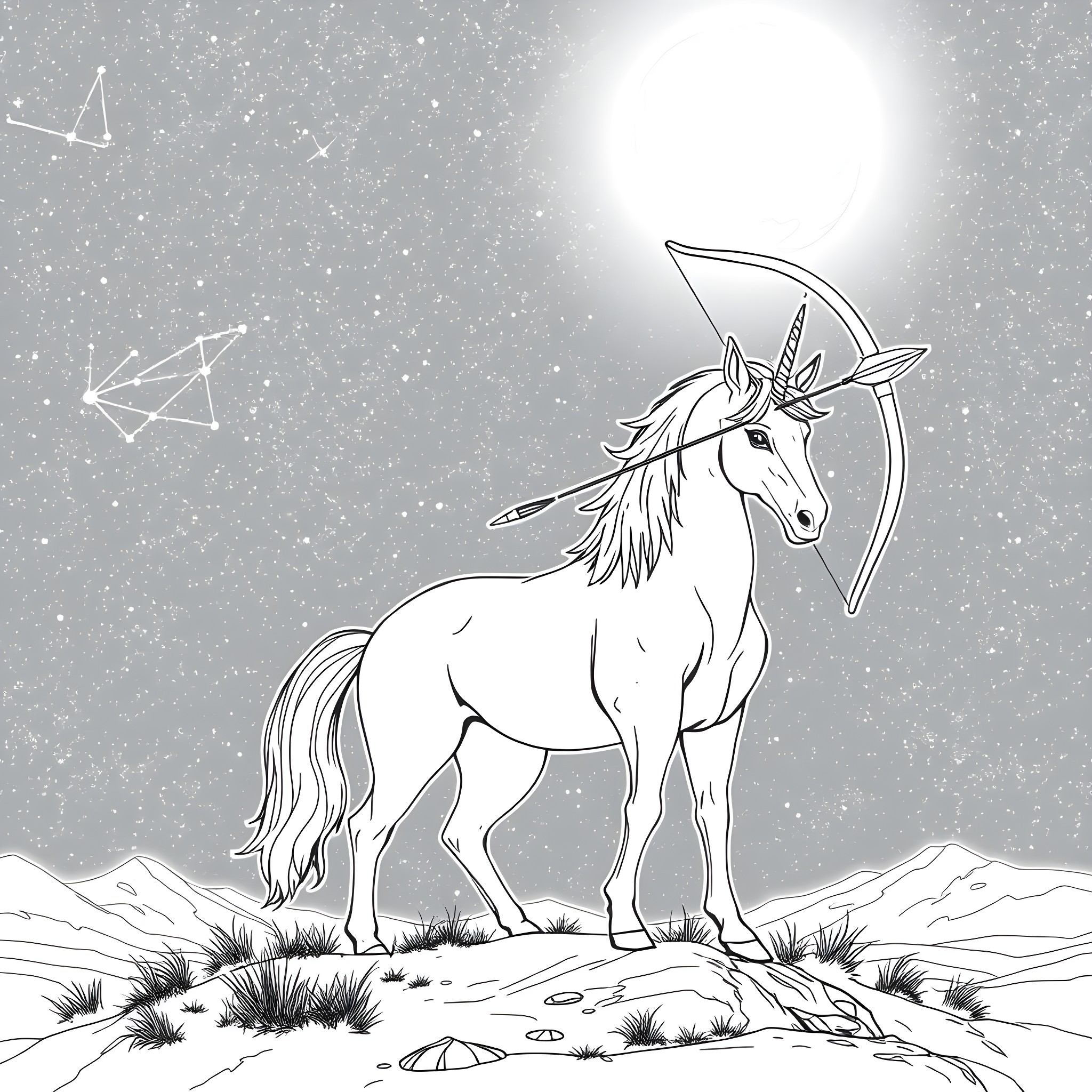 Sagittarius the Unicorn Stands Tall in Starry Night Coloring Page (free black-and-white line drawing printable PDF for all, from beginners to advanced learners, including children, teens, adults, and seniors)