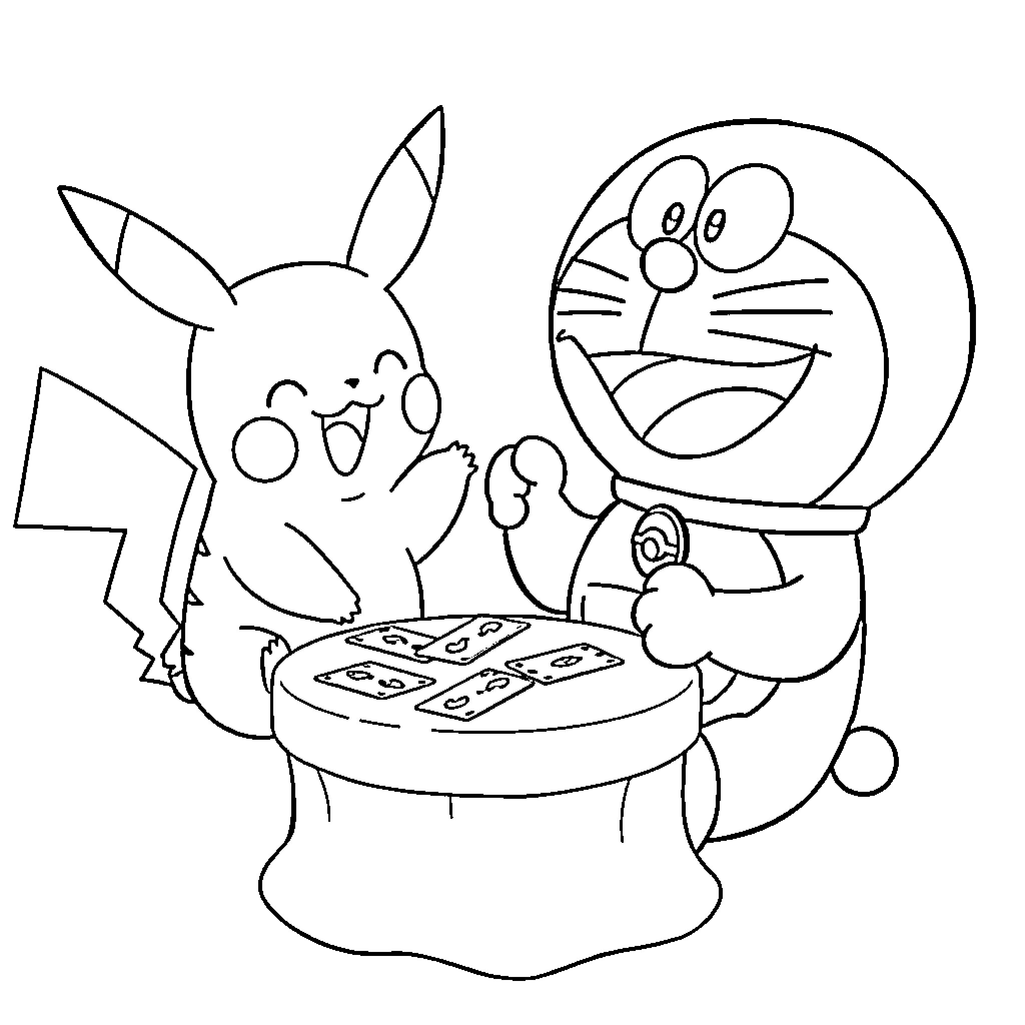 Doraemon and Pikachu sharing a meal Coloring Page (free black-and-white line drawing printable PDF for all, from beginners to advanced learners, including children, teens, adults, and seniors)