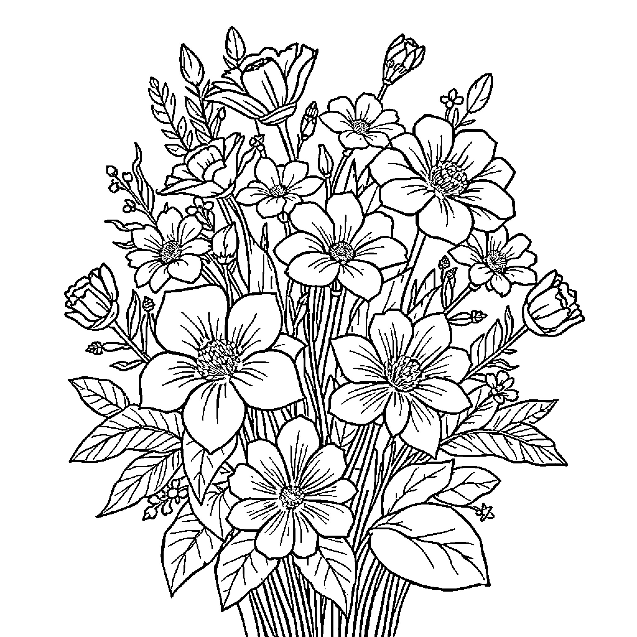 Kran's Floral Bouquet: An Artistic Arrangement Coloring Page (free black-and-white line drawing printable PDF for all, from beginners to advanced learners, including children, teens, adults, and seniors)