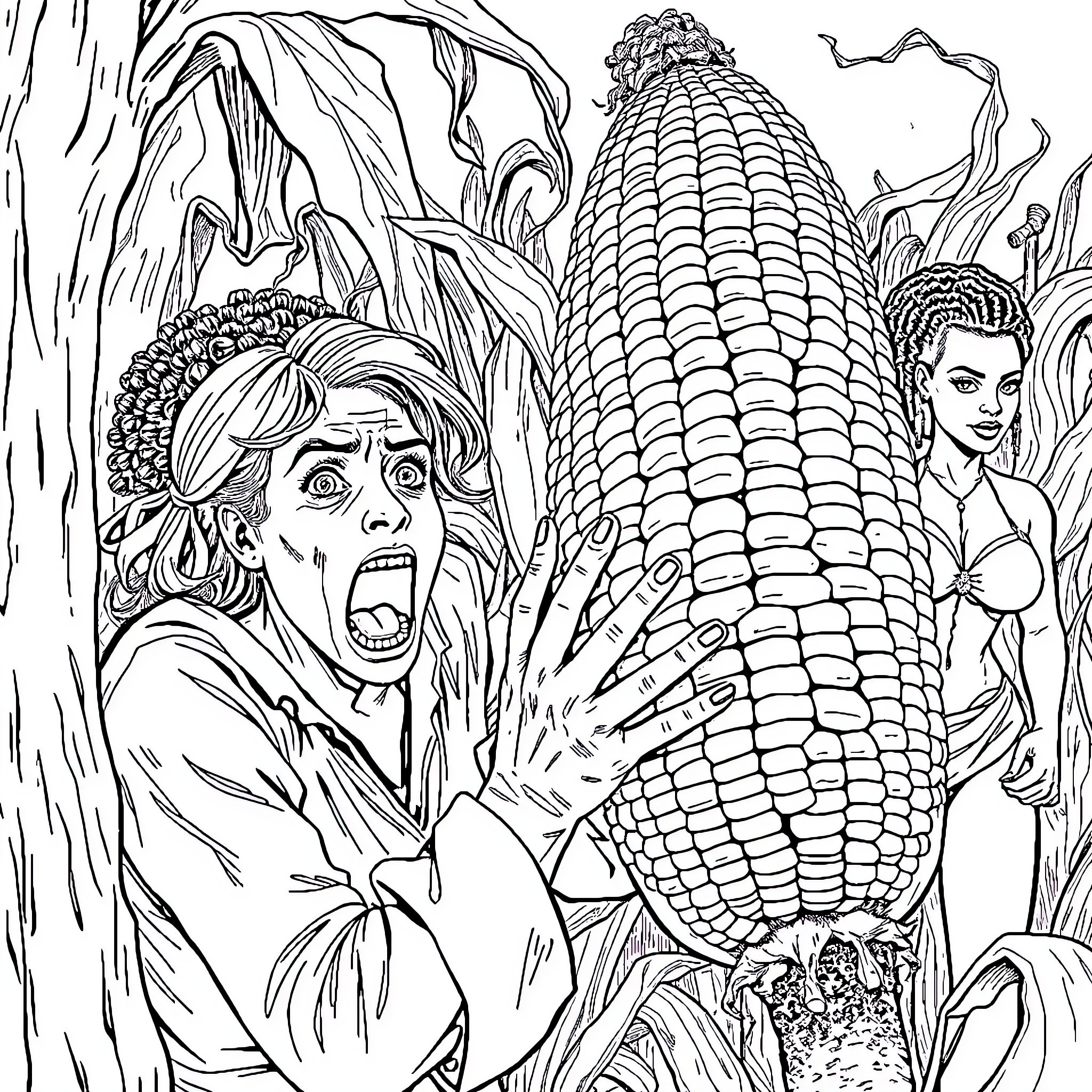 Woman Frightened by Towering Corn Stalks Coloring Page (free black-and-white line drawing printable PDF for all, from beginners to advanced learners, including children, teens, adults, and seniors)