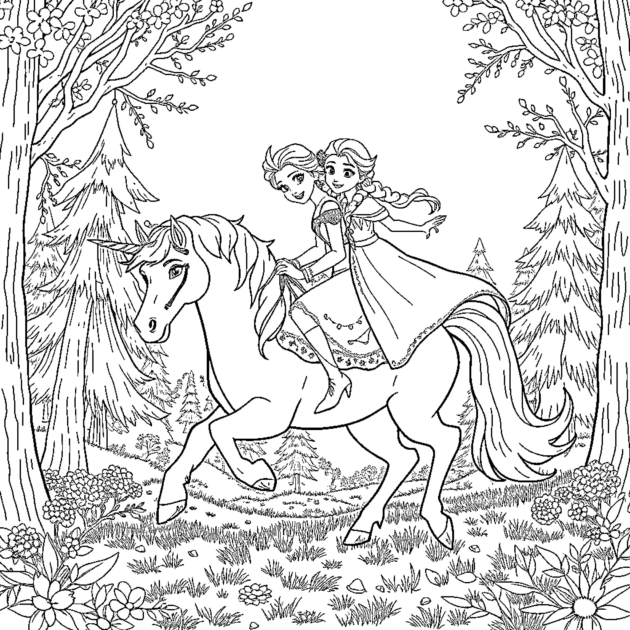 Elsa and Anna riding through the enchanted forest Coloring Page (free black-and-white line drawing printable PDF for all, from beginners to advanced learners, including children, teens, adults, and seniors)