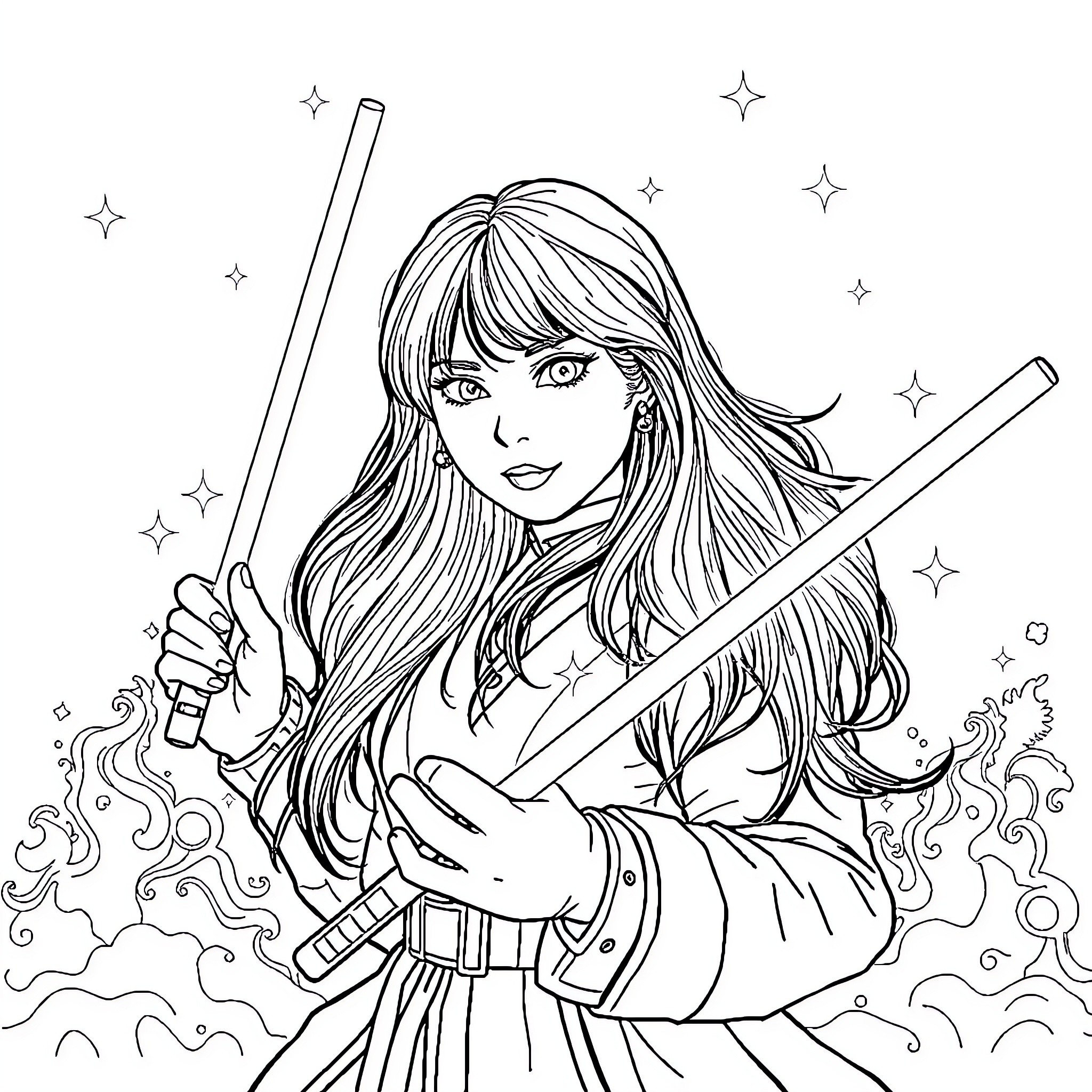 K Pop Warrior Wields Lightsabers with Fierce Determination Coloring Page (free black-and-white line drawing printable PDF for all, from beginners to advanced learners, including children, teens, adults, and seniors)