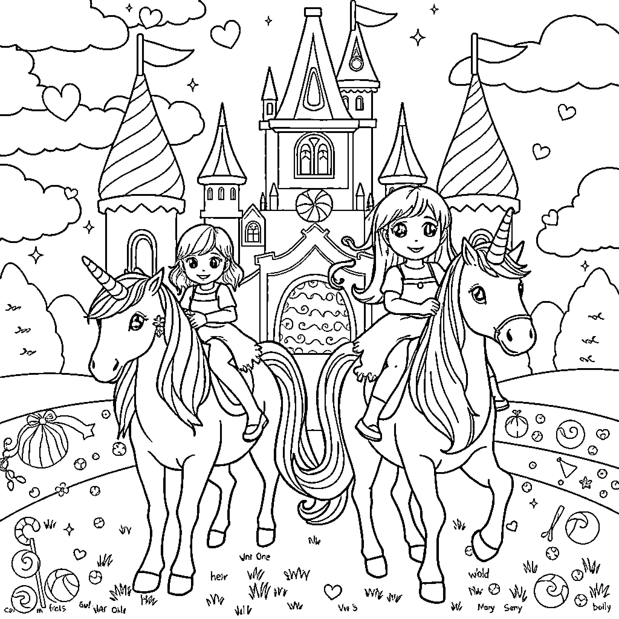Unicorn Castle Adventure with Children Coloring Page (free black-and-white line drawing printable PDF for all, from beginners to advanced learners, including children, teens, adults, and seniors)