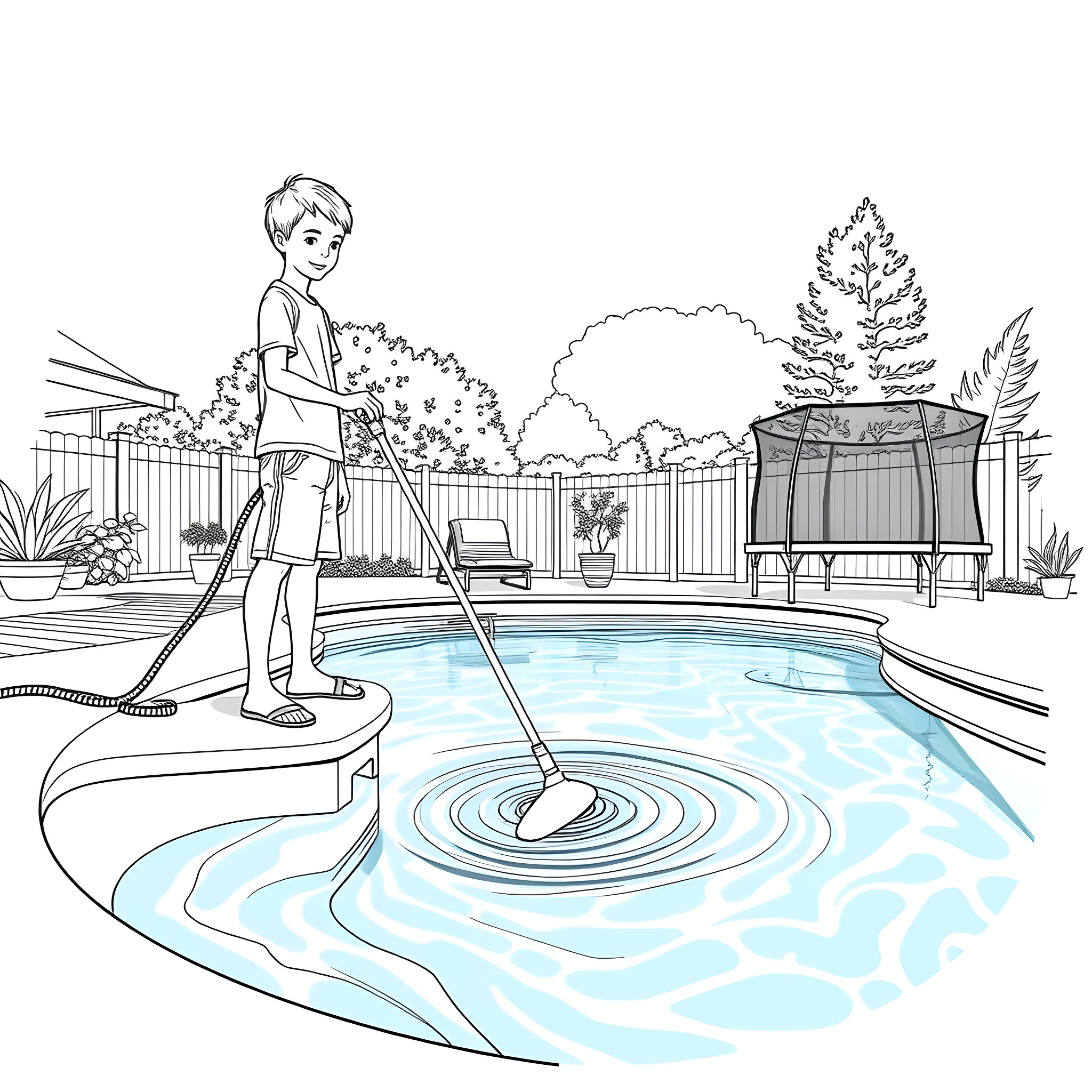 Teen Guy Cleaning Swimming Pool in the Backyard Coloring Page (free black-and-white line drawing printable PDF for all, from beginners to advanced learners, including children, teens, adults, and seniors)