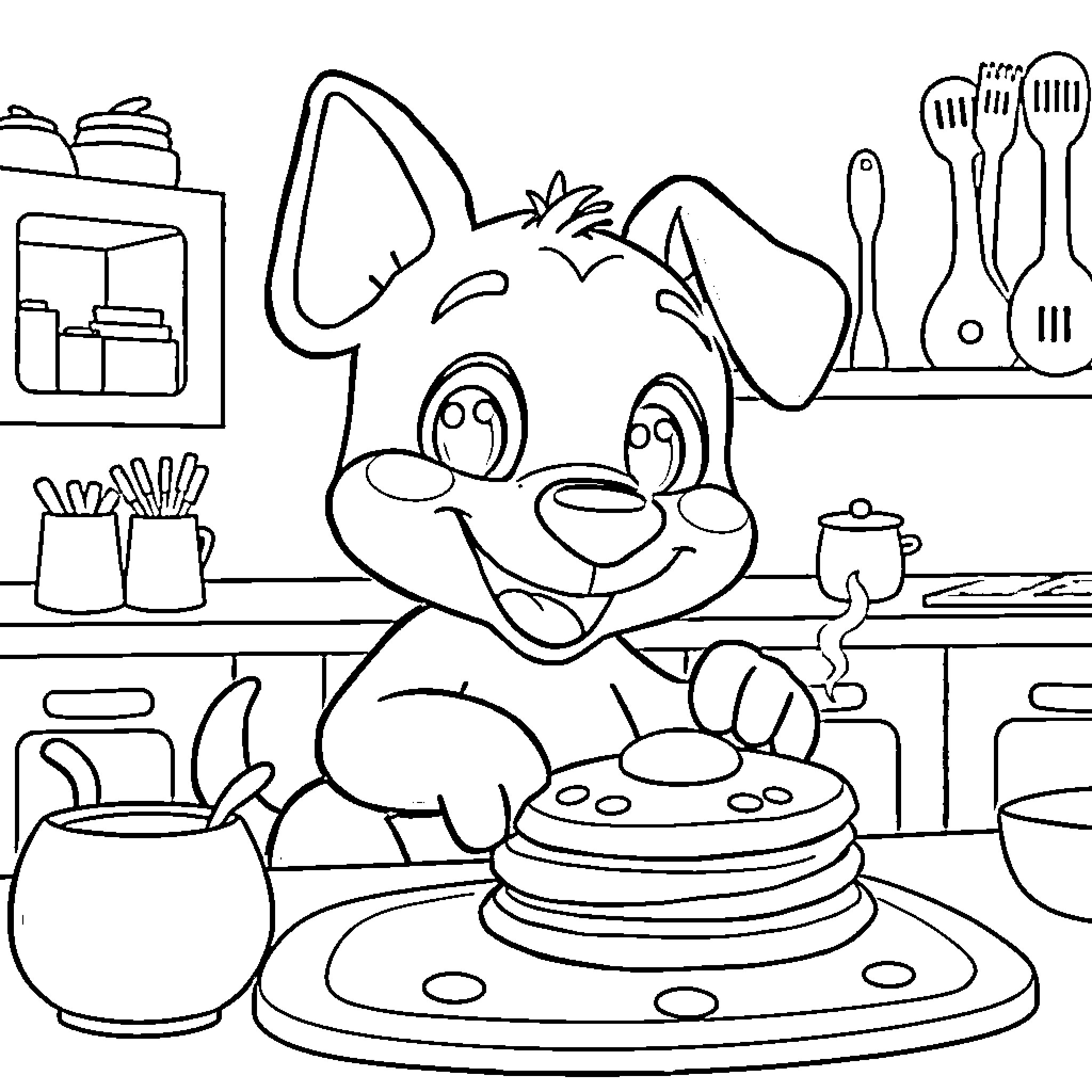 Bluey enjoying a tasty breakfast in the kitchen Coloring Page (free black-and-white line drawing printable PDF for all, from beginners to advanced learners, including children, teens, adults, and seniors)